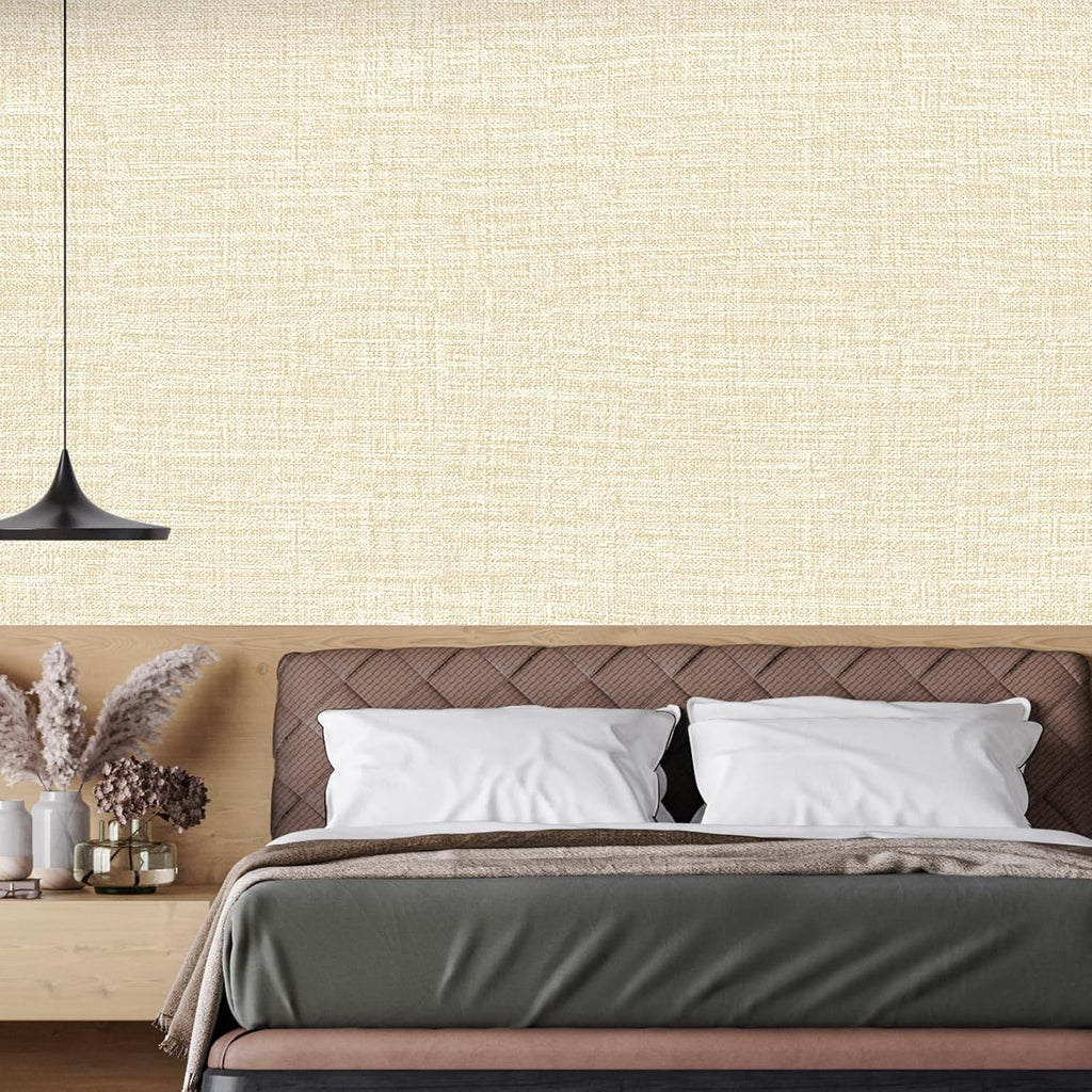 Beige Grasscloth Peel and Stick Wallpaper 17.3"x480" Faux Linen Textured Contact Paper Removable Self Adhesive Vinyl Wallpaper for Bedroom Bathroom Kitchen Cabinets