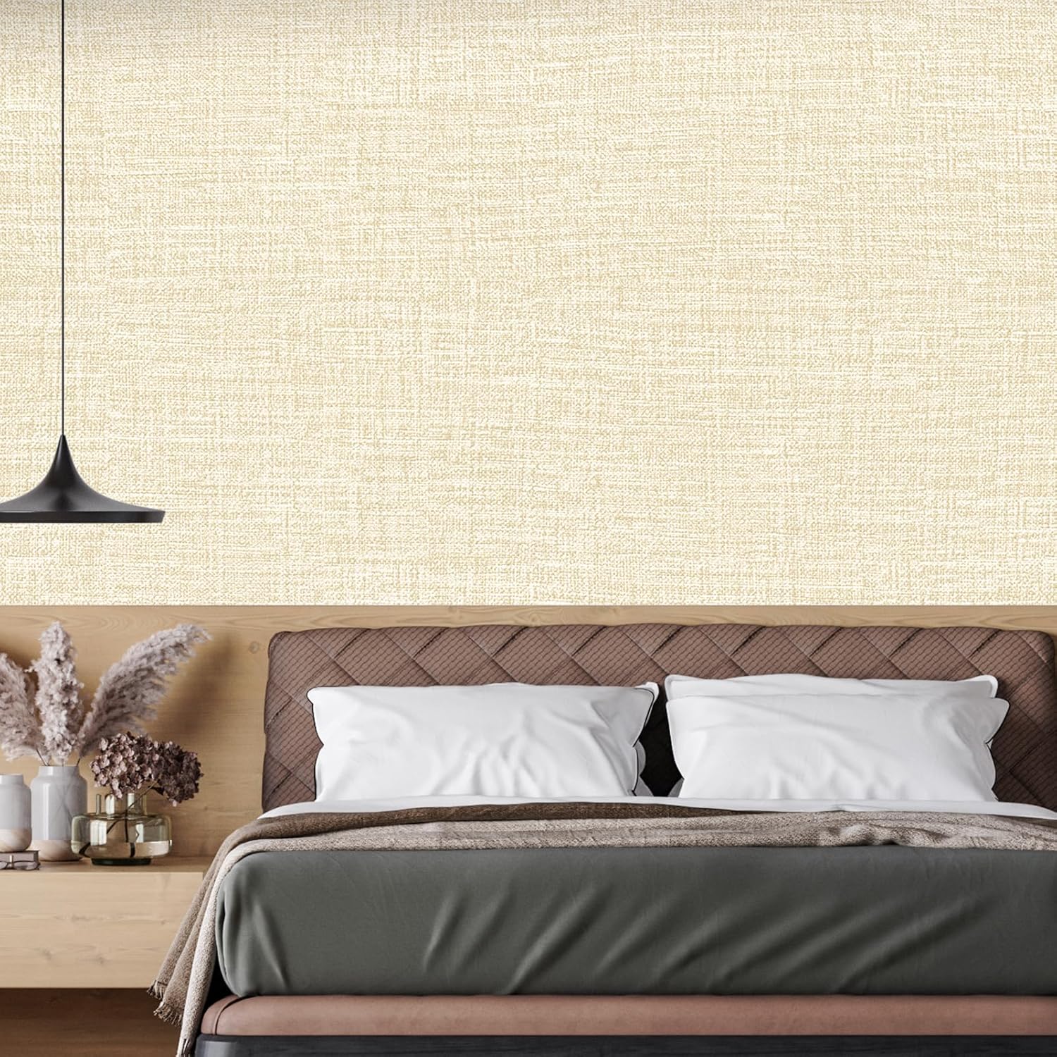 Beige Grasscloth Peel and Stick Wallpaper 17.3"x480" Faux Linen Textured Contact Paper Removable Self Adhesive Vinyl Wallpaper for Bedroom Bathroom Kitchen Cabinets