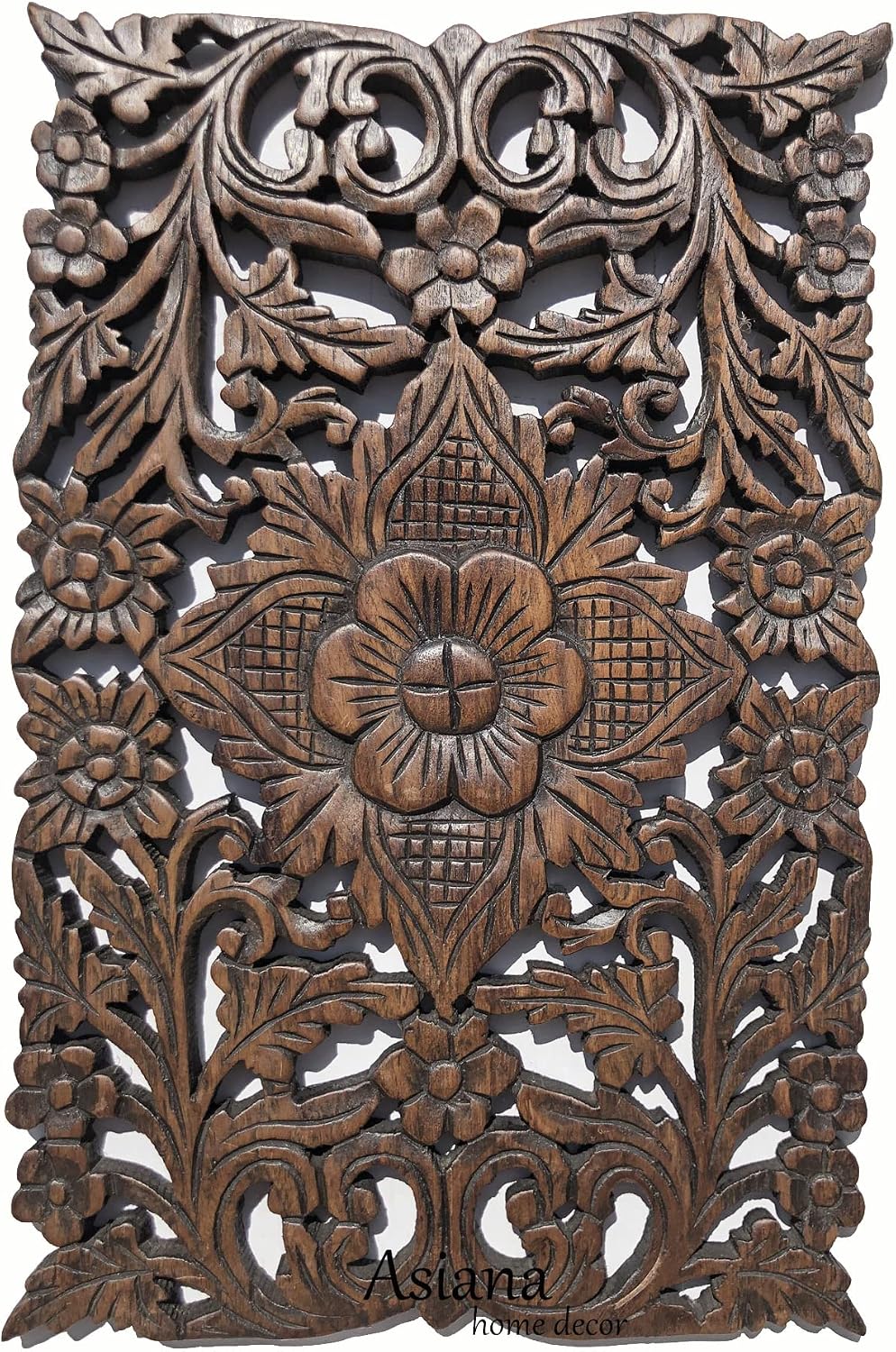Set of 3. Wall Art Wood Carved Panel Floral Design. Tropical Wall Decor in Size 12"x17.5"x0.5" (Dark Brown)