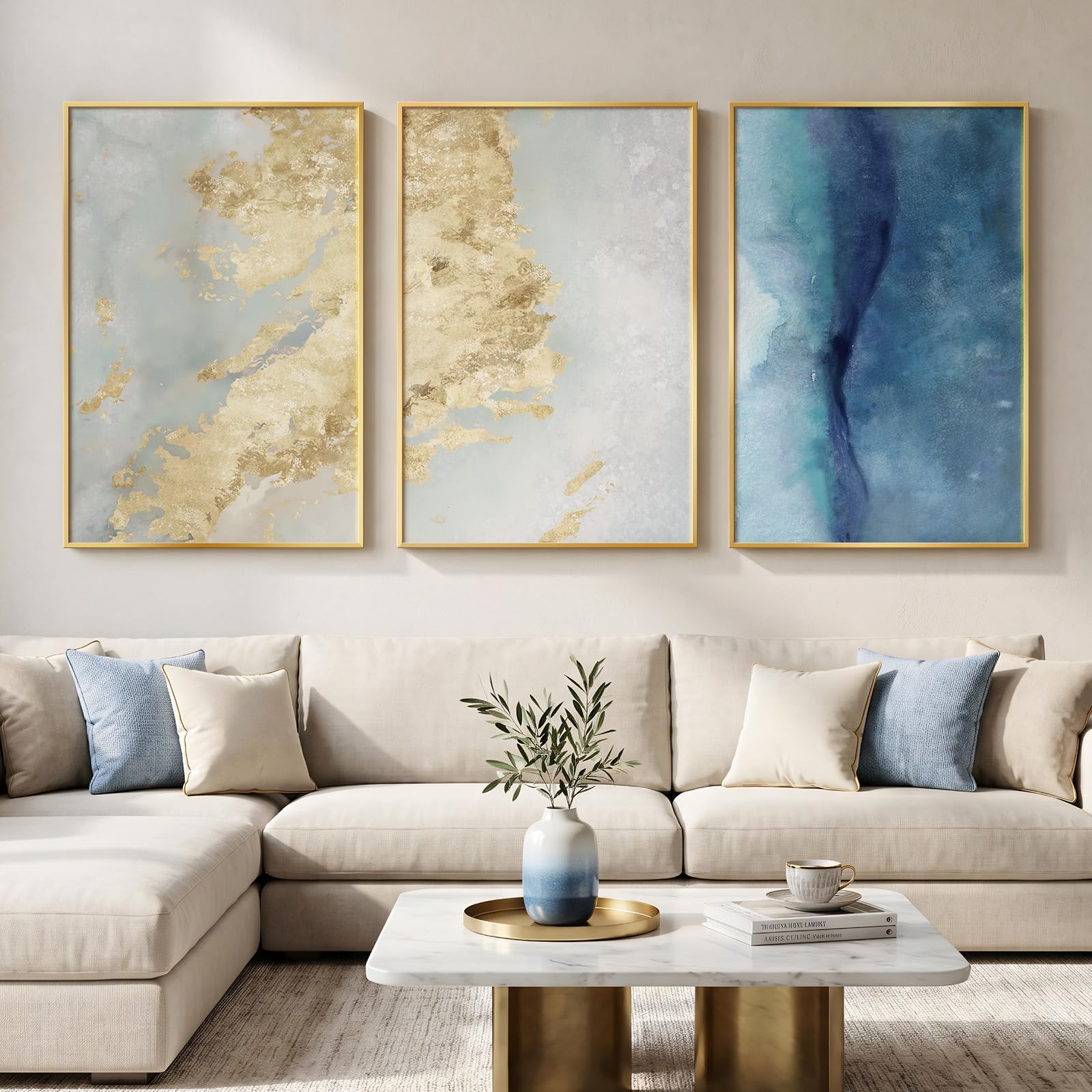 Large Framed Modern Elegant Abstract Wall Art for Living Room, 3 Piece Contemporary Blue and Gold Bright Prints Paintings Artwork for Walls, Luxury Pictures for Hallway Home Office Wall Decor 24x36 In