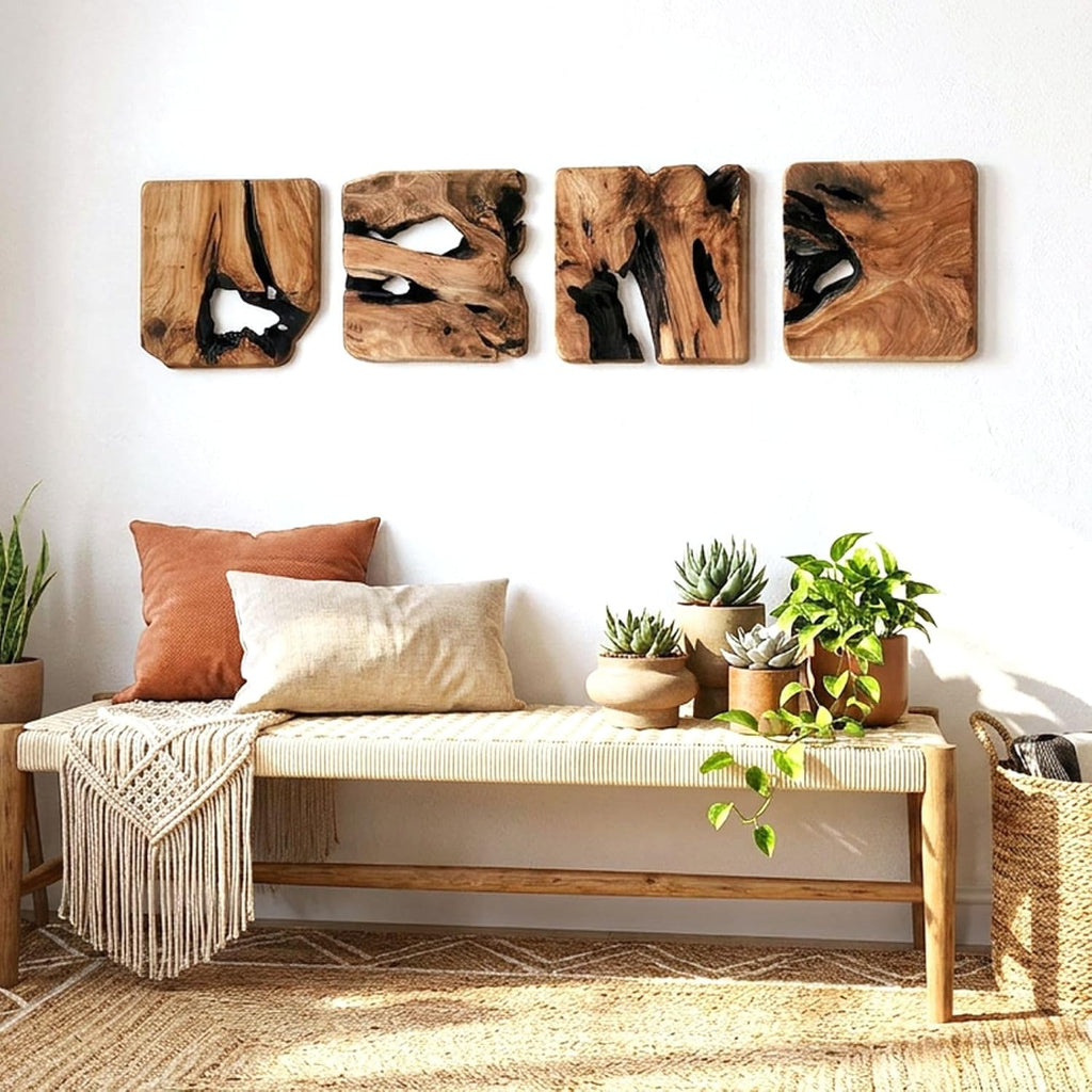 BOTALEGRE 4-Piece Cedar Wood Wall Art Set, Rustic Abstract Wall Decor for Home