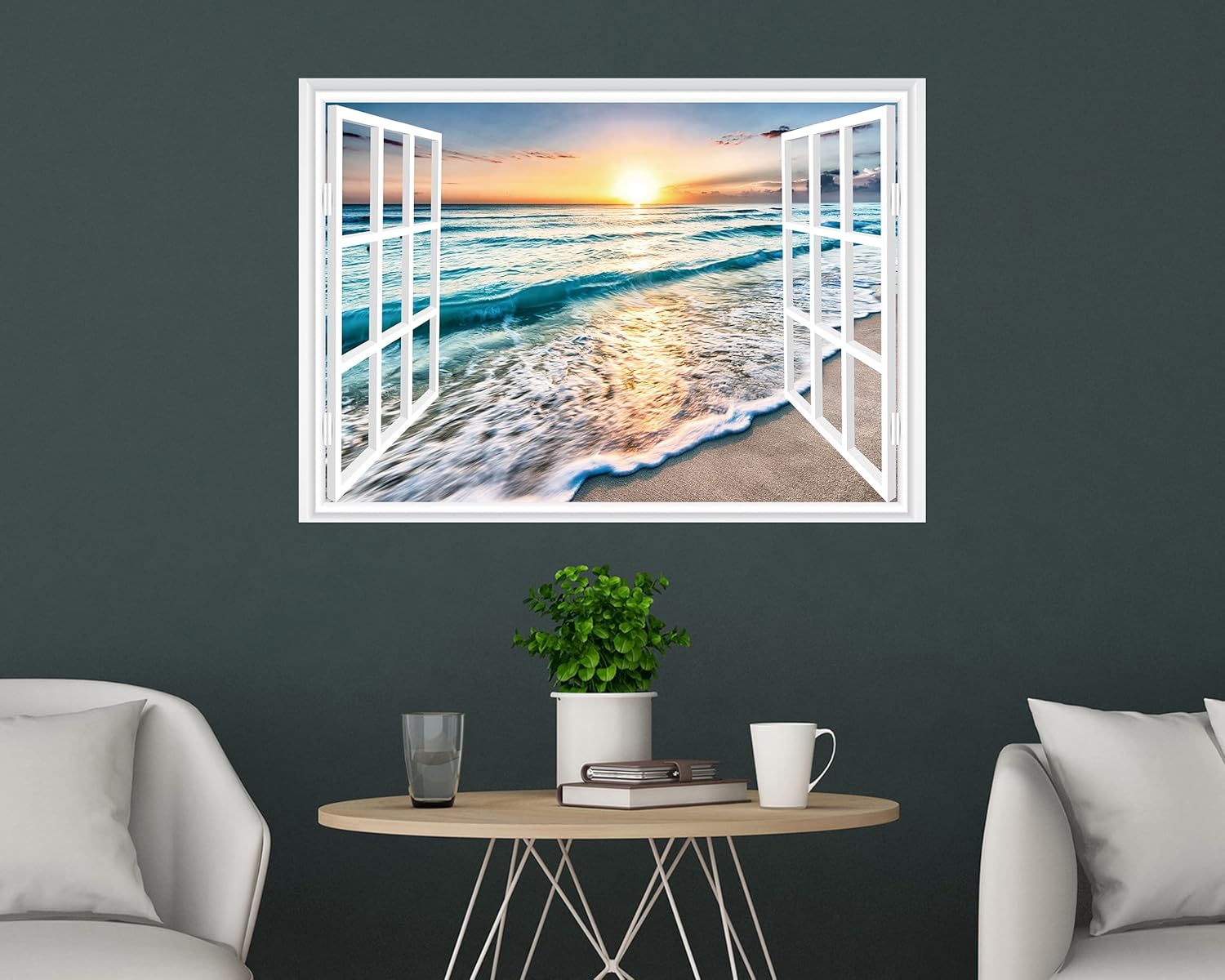 FLFK Fake Window Wall Sticker - Sunset Beach Faux Window Wall Mural for Wall Decor, Stick and Peel Wall Decals,48"x32",Set of 2 Sheets