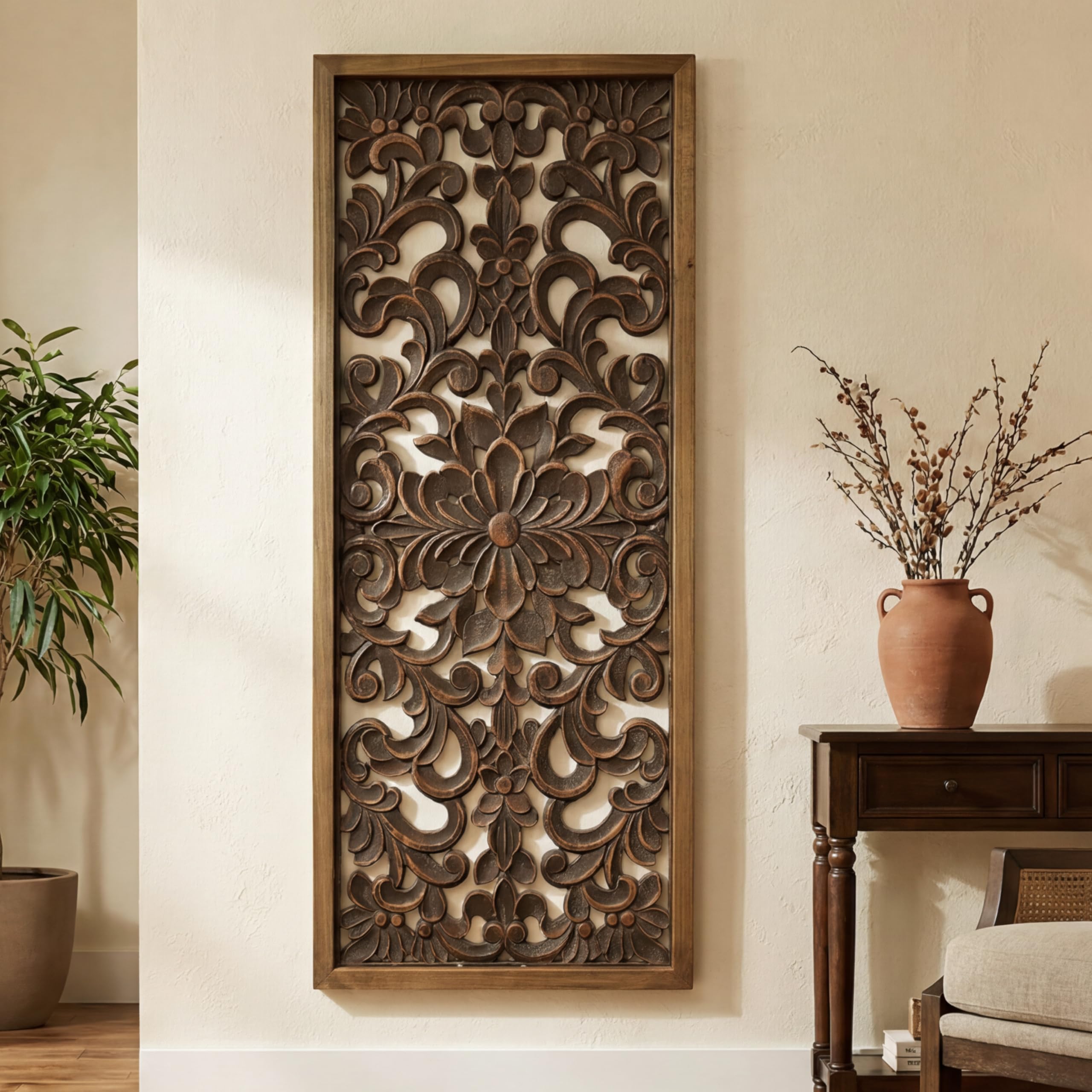 WREVERW Rustic Boho Arched Wood Wall Art, Hand-Carved Floral Panel with Distressed Brown Finish, Vintage Farmhouse Hanging Wall Sculpture for Living Room Bedroom Entryway, 15" x 31"