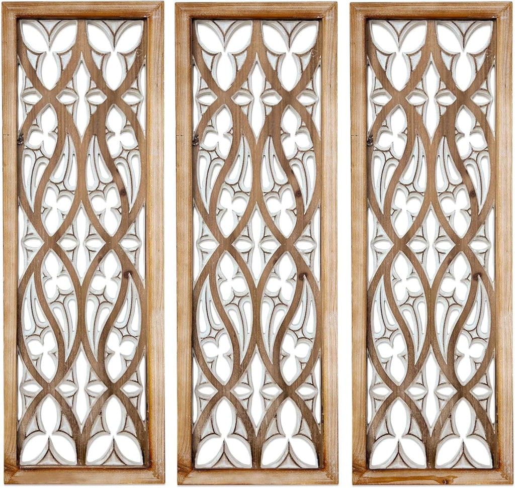 XIAOAIKA Hand Carved Boho Wood Wall Art - Decorative Large Wall Panels, Antique Distressed Wood Sculpture, Elegant Wall Decor Hanging Plaque, Suitable for Gifting (35.5 Inch, 3 Panels)
