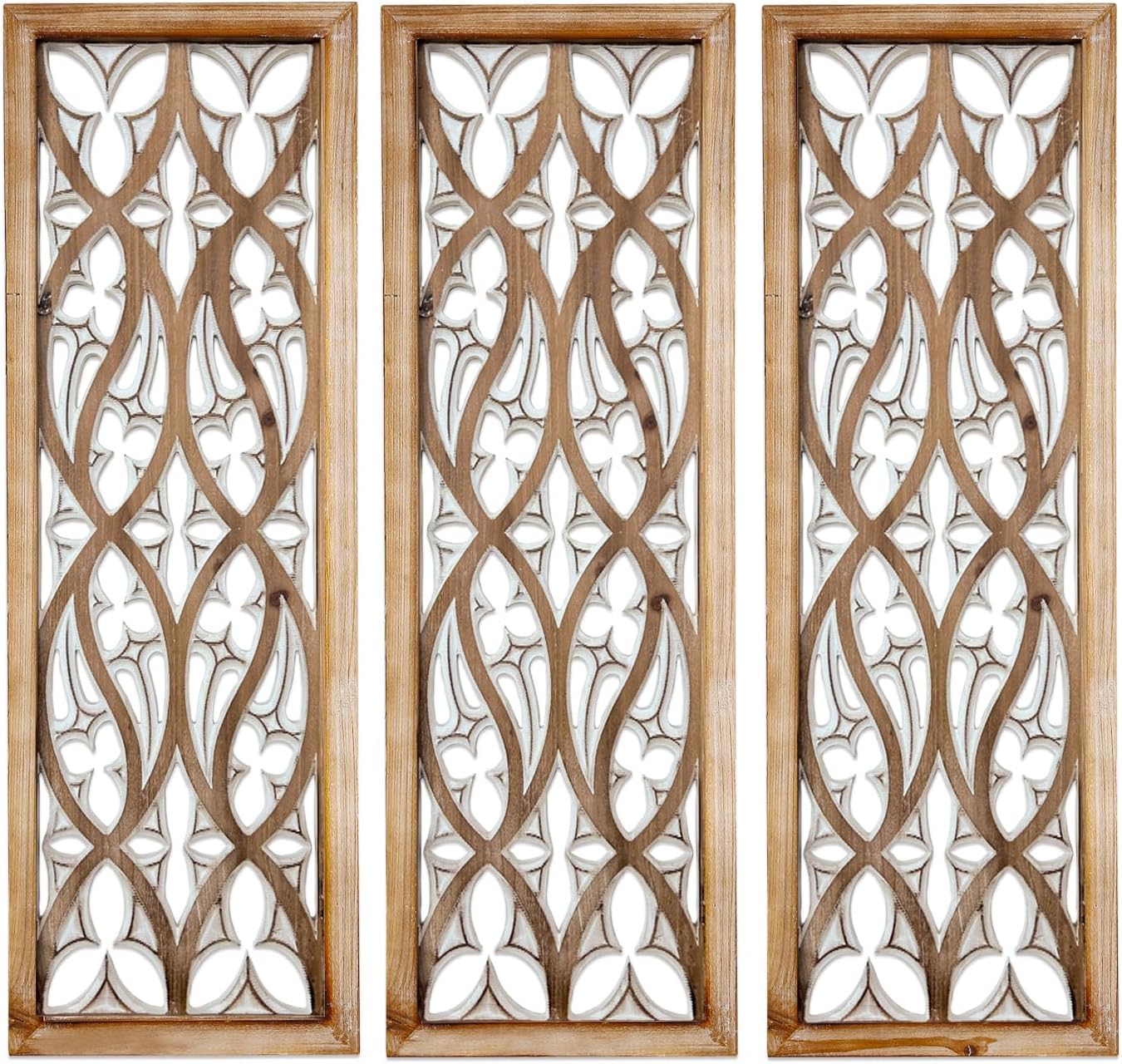 XIAOAIKA Hand Carved Boho Wood Wall Art - Decorative Large Wall Panels, Antique Distressed Wood Sculpture, Elegant Wall Decor Hanging Plaque, Suitable for Gifting (35.5 Inch, 3 Panels)