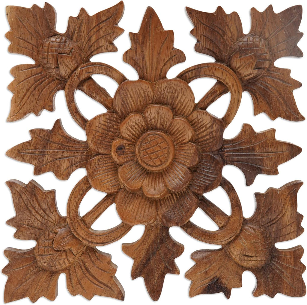 NOVICA Artisan Handcarved Wood Wall Relief Panel of Lotus Blossom Brown Indonesia Decor Panels Floral Balinese Traditional Carvings [9.5in H x 9.5in W x 0.8in D] ' Lotus Shield'