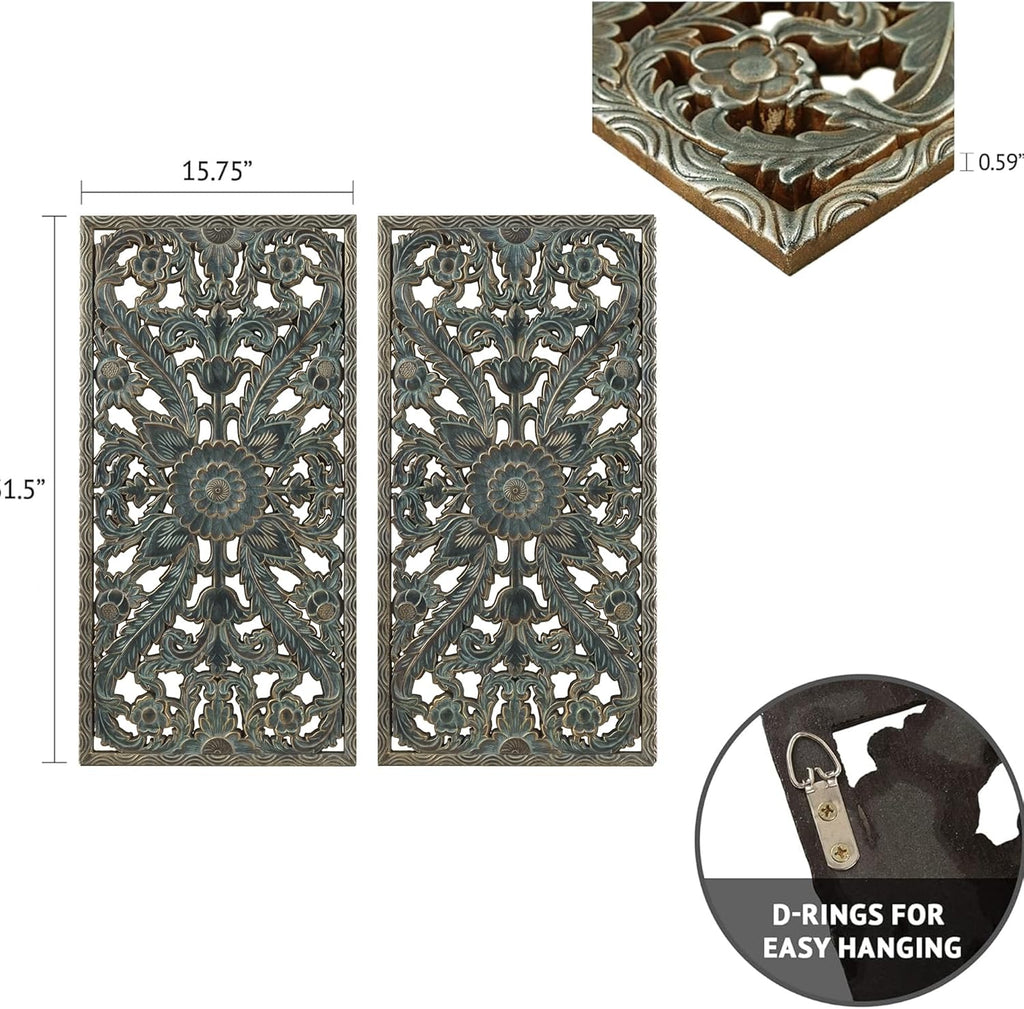 Madison Park Carved Wood Wall Art 2 Piece, Floral Wooden Carving Wall Decor, Blue Wall Art Living Room Bedroom, Copper Embellished Boho, Ready to Hang, 15.75"W x 31.5"L, Patina Blue