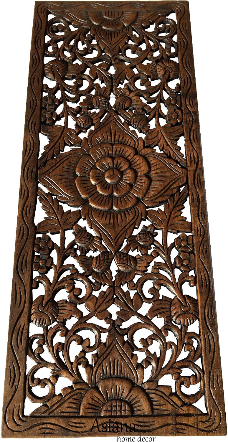 Lotus Carved Teak Wood Wall Art Panel. Asian Inspired Home Decor. Wood Carved Floral Wall Hanging. Size 35.5"x13.5" (Dark Brown)