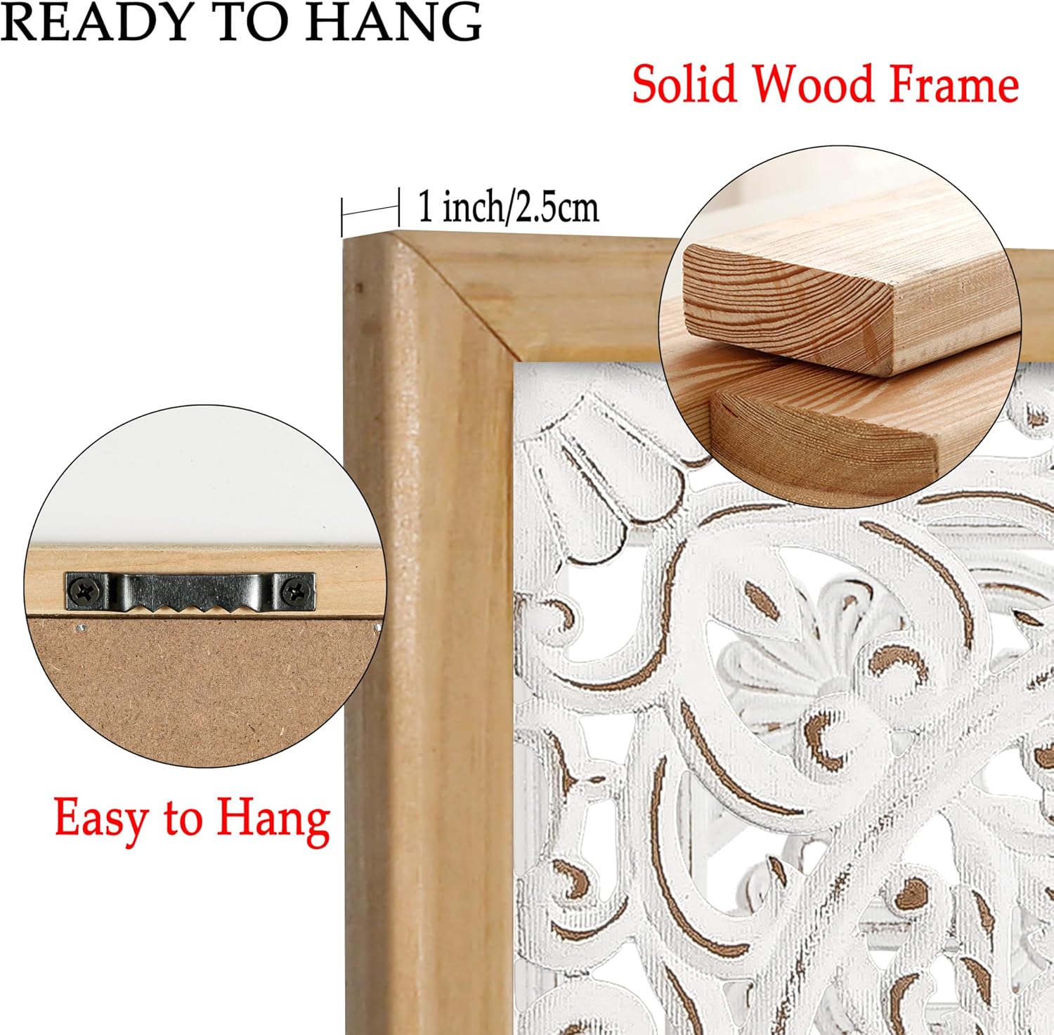 XIAOAIKA Boho Carved Wood Wall Sculpture, Intricate Floral Mandala Design with Distressed White Finish, Vintage Farmhouse Wall Art Panel with Solid Wood Frame for Bedroom Entryway (22.5" x 22.5")