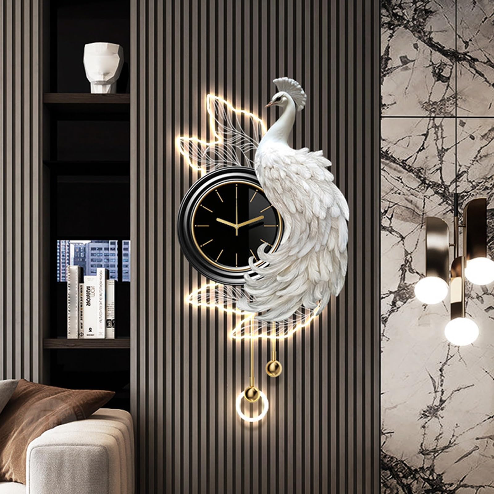 3D Peacock-Shaped Entryway Decorative Wall Clock with LED Light,Creative Wall Hanging Painting Modern,Silent Non Ticking,for Living Room Bedroom Dining Room(White A,19.7 * 39.4")