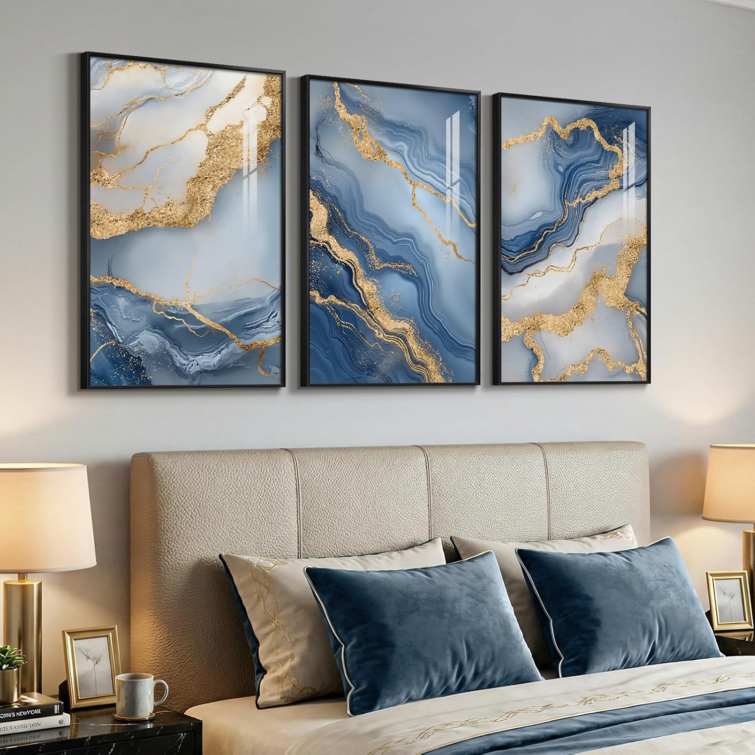 Large Framed Abstract Wall Art for Living Room, Modern Luxury 3 Piece Blue Gold White Prints Paintings for Walls, Elegant Marble Pattern Pictures for Dining Bedroom Hallway Office Home Decor 24x36 In