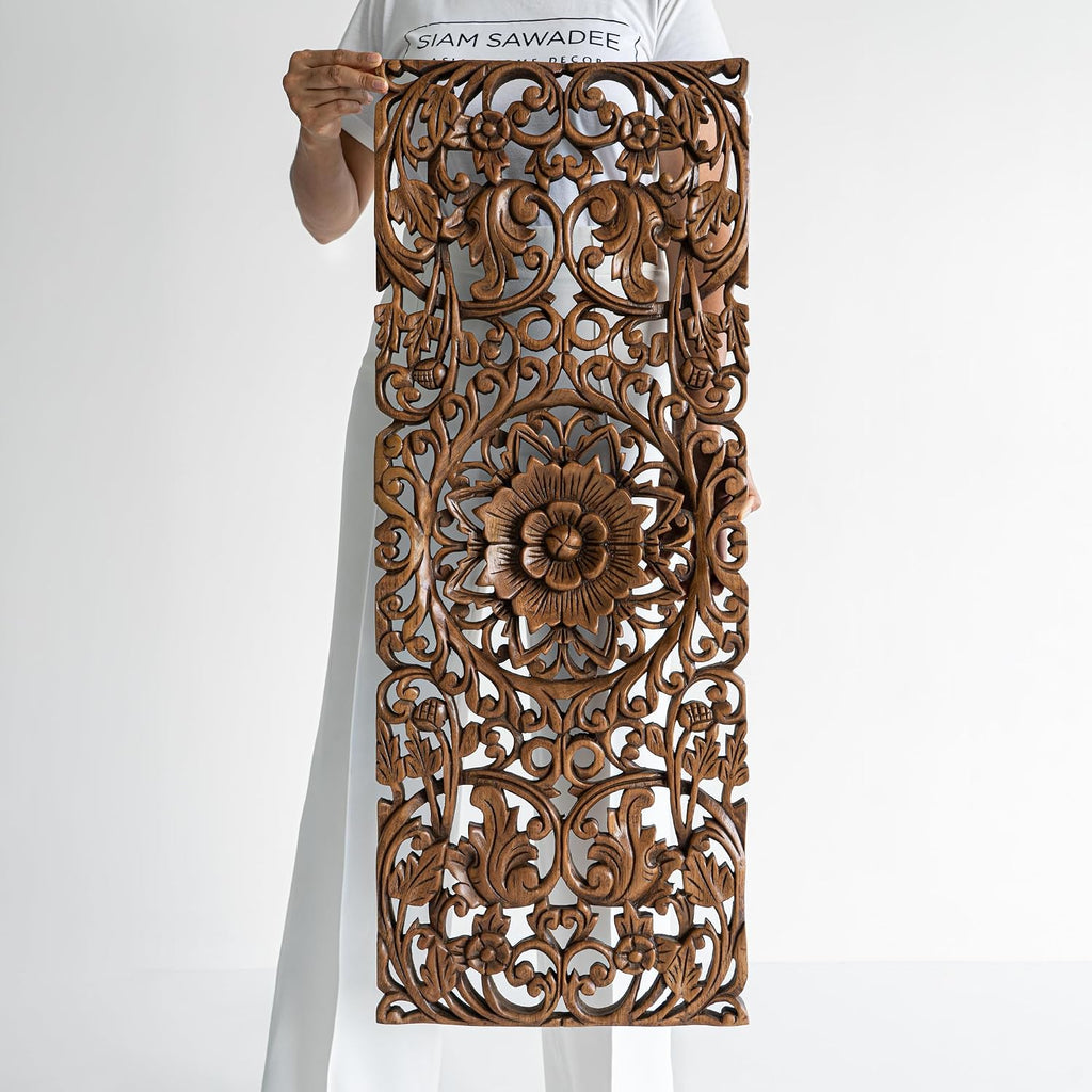 Sculpted Wall Art Wooden Panel Hand Carved Floral Feng Shui Home Decoration Wood Artworks from Chiang Mai Thailand 36x14 inches