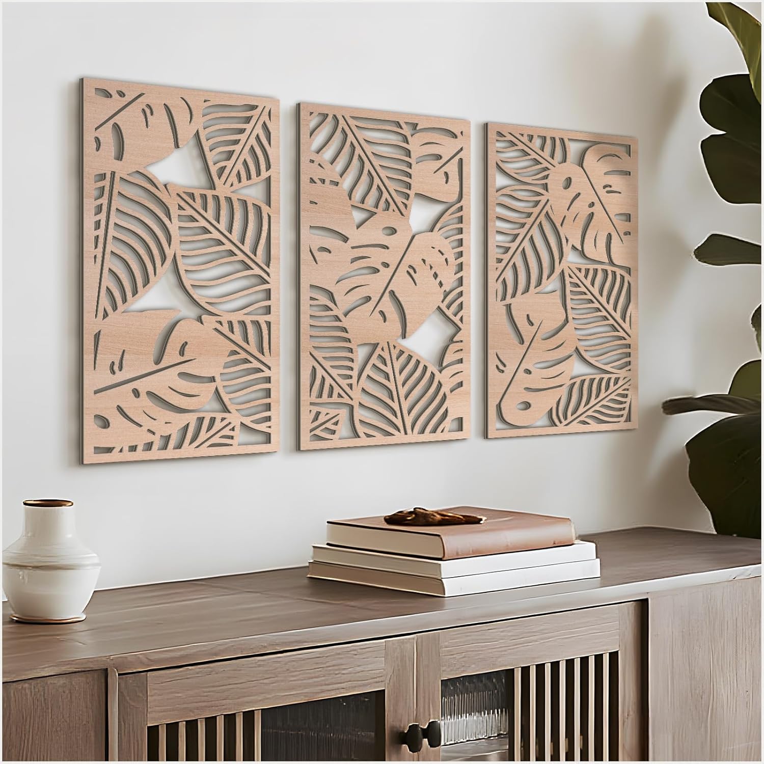 VIYYIEA Boho Solid Wood Carved Wall Art Set of 3, Geometric Minimalist Wooden Home Decor Panels, Handcrafted Solid Wood Wall Hanging for Living Room Bedroom Hallway, 16 x 8 Inch Each (Leaves Oak)