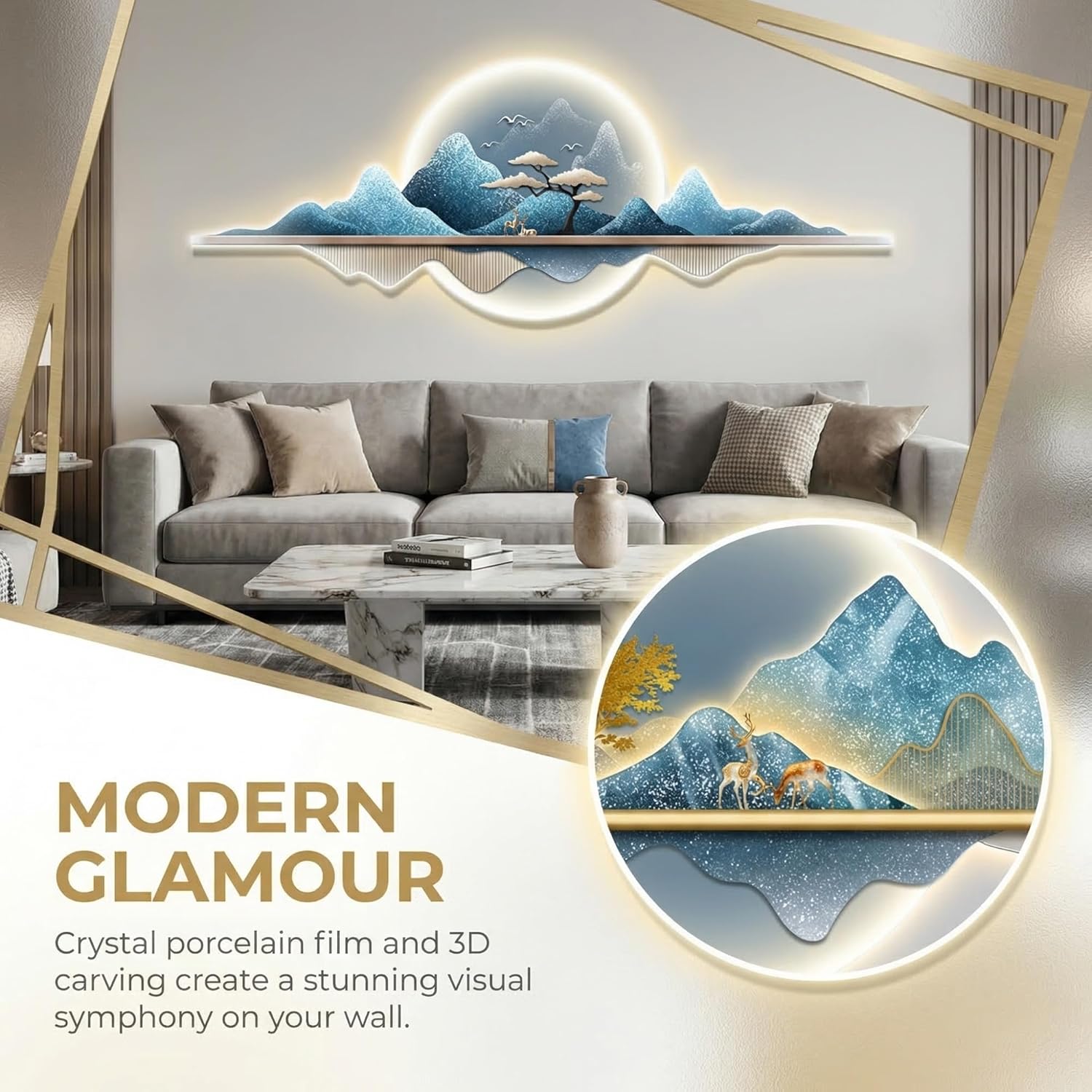 wihgony 3D LED Mountain Wall Art, Modern Luxury Chinese Style Wall Decor, Crystal Porcelain Frameless 3D Wall Sculpture with LED Light for Living Room Bedroom(E,150 * 50cm/59.1 * 19.7in)