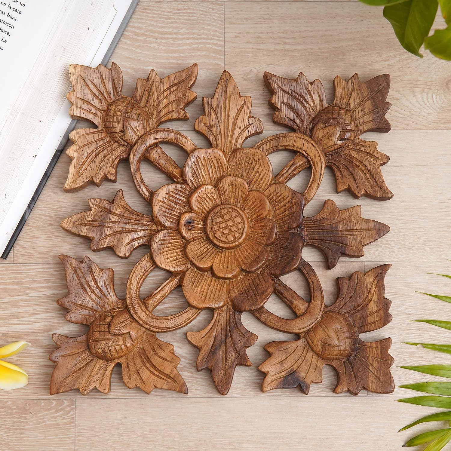 NOVICA Artisan Handcarved Wood Wall Relief Panel of Lotus Blossom Brown Indonesia Decor Panels Floral Balinese Traditional Carvings [9.5in H x 9.5in W x 0.8in D] ' Lotus Shield'