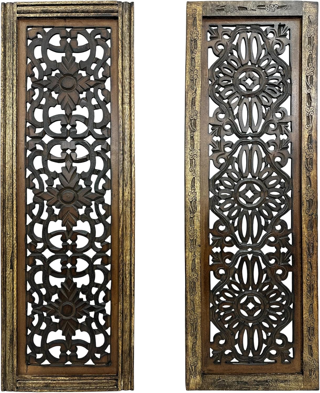 Floral Hand Carved Wooden Wall Panels Set of 2, Rustic Brown Decorative Wall Art for Living Room, Bedroom, Hallway & Home Décor, Vintage Rustic Finish Handmade Wooden Hanging Panels