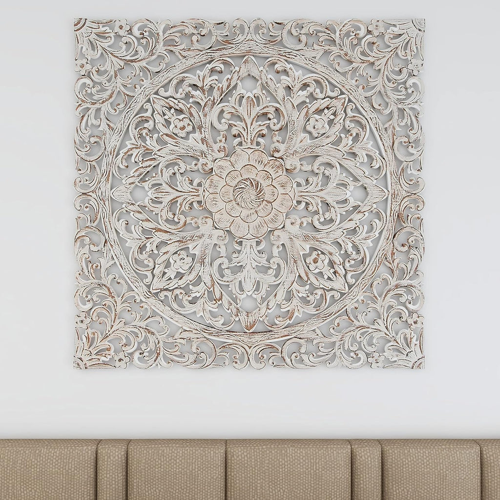 Deco 79 Wood Floral Handmade Home Wall Decor Intricately Carved Mandala Wall Sculpture with Brown Distressing, Wall Art 36" x 1" x 36", White