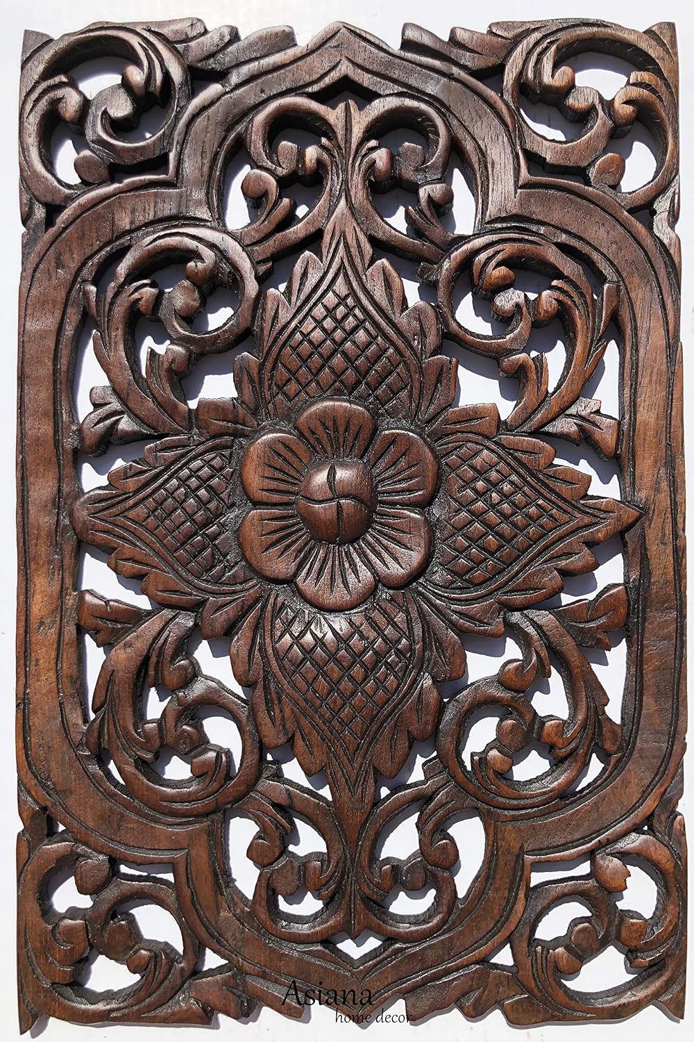 Set of 3. Wall Art Wood Carved Panel Floral Design. Tropical Wall Decor in Size 12"x17.5"x0.5" (Dark Brown)