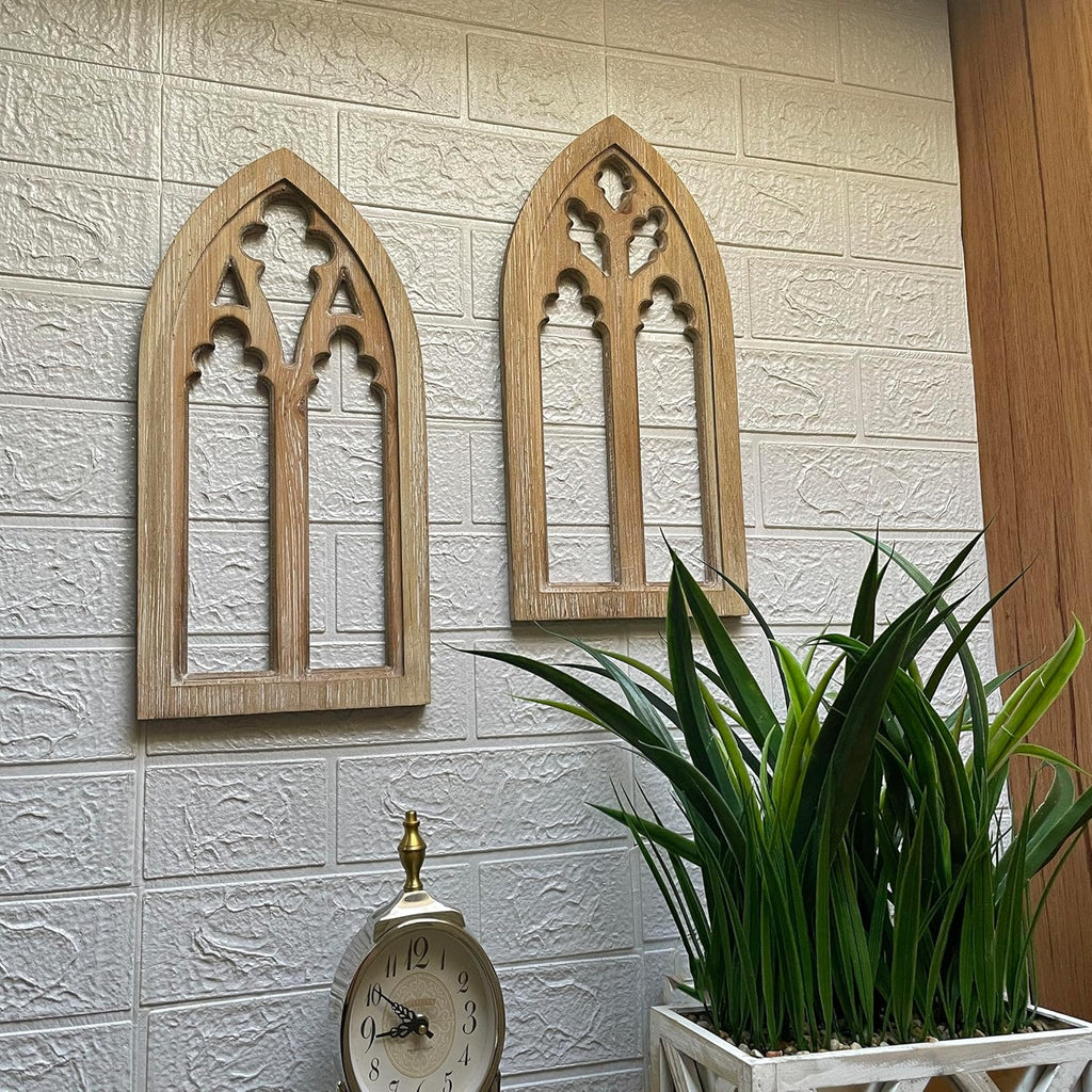 Set of 2 Whitewashed Wood Gothic Arch Window Frame Wall Hangings - Sculptural Elegance for Your Home Decor - 15.75 Inches High, Timeless and Enchanting Ambiance