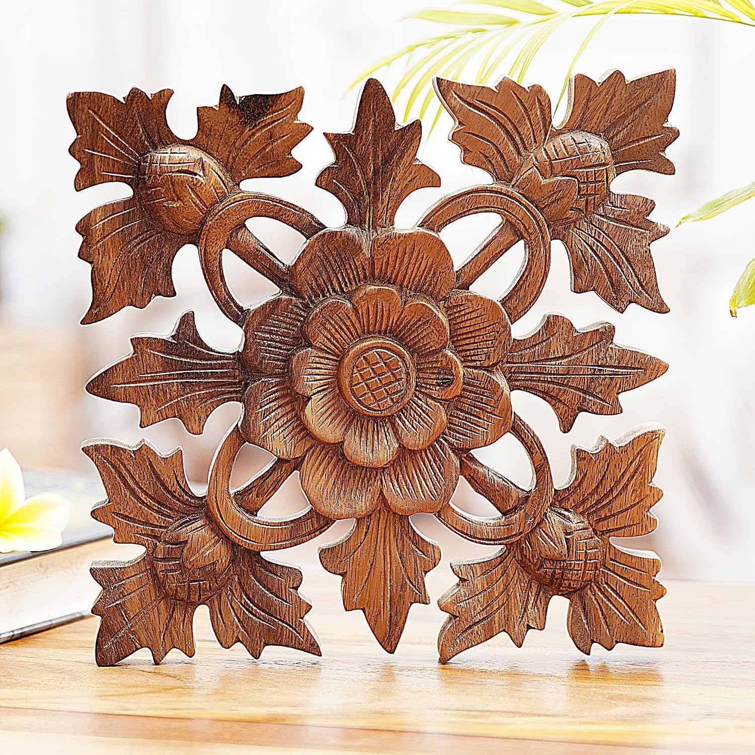 NOVICA Artisan Handcarved Wood Wall Relief Panel of Lotus Blossom Brown Indonesia Decor Panels Floral Balinese Traditional Carvings [9.5in H x 9.5in W x 0.8in D] ' Lotus Shield'