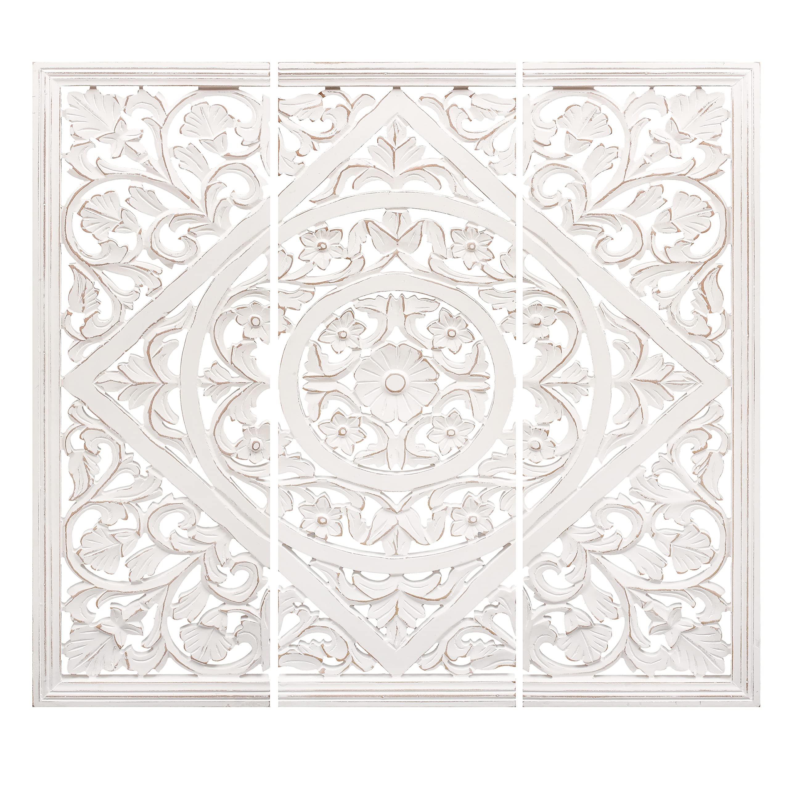 Homebia Designs Handmade Carved Wooden Wall Hanging Plaque 24x24 Inch Elegant Beautiful Floral Design Decorative Wall Art Panel for Farmhouse Living Room Bedroom Home Office - 1 Pack - Burnt