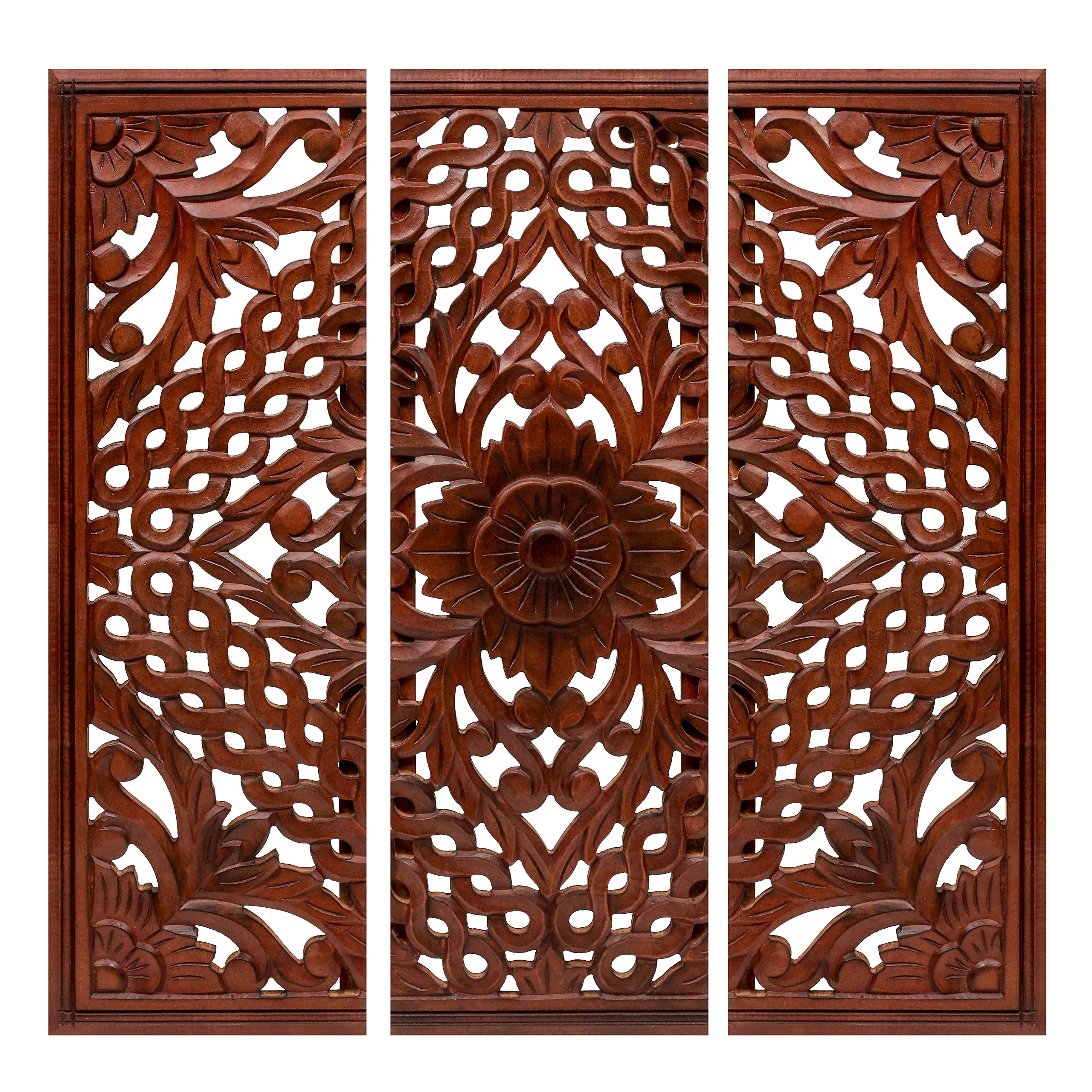 Homebia Designs Handmade Carved Wooden Wall Hanging Plaque 24x24 Inch Elegant Beautiful Floral Design Decorative Wall Art Panel for Farmhouse Living Room Bedroom Home Office - 1 Pack - Burnt