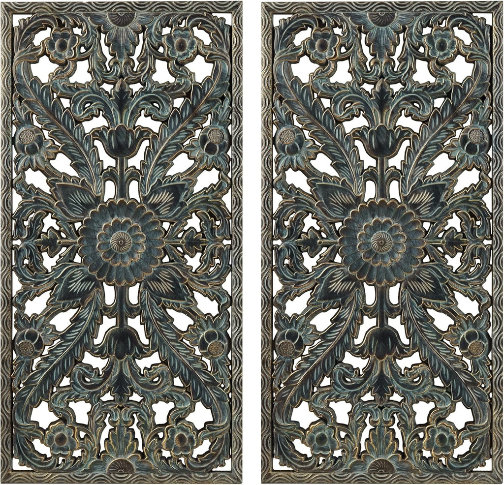 Madison Park Carved Wood Wall Art 2 Piece, Floral Wooden Carving Wall Decor, Blue Wall Art Living Room Bedroom, Copper Embellished Boho, Ready to Hang, 15.75"W x 31.5"L, Patina Blue