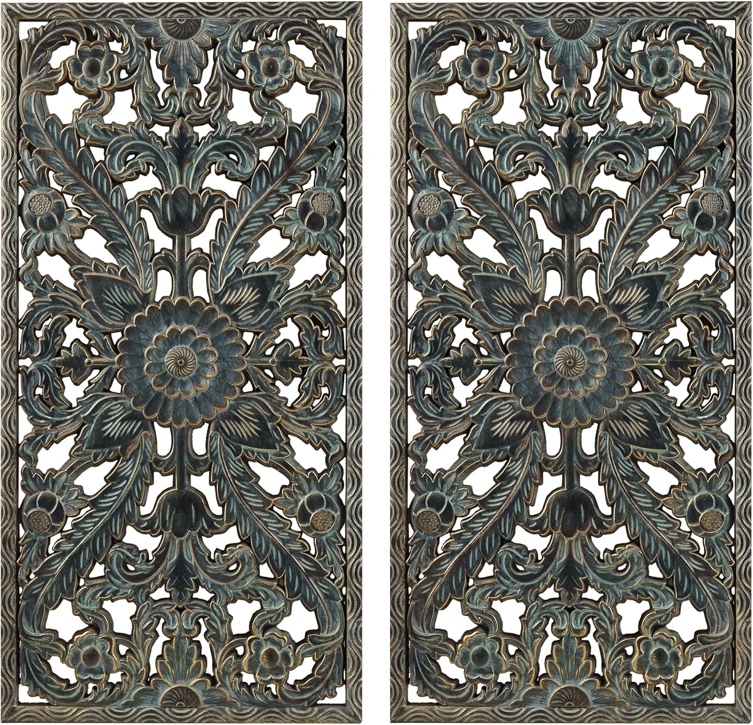 Madison Park Carved Wood Wall Art 2 Piece, Floral Wooden Carving Wall Decor, Blue Wall Art Living Room Bedroom, Copper Embellished Boho, Ready to Hang, 15.75"W x 31.5"L, Patina Blue