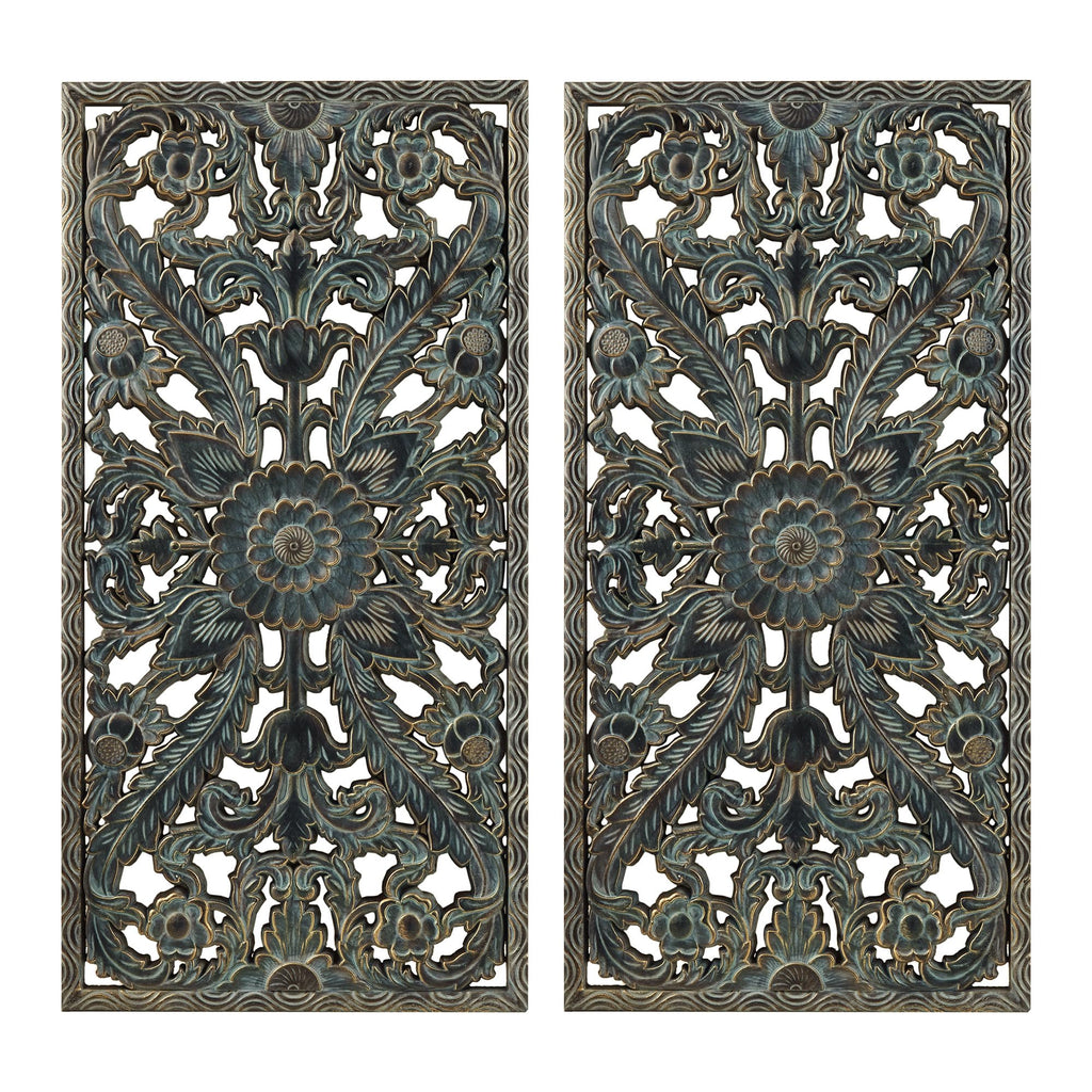 Madison Park Carved Wood Wall Art 2 Piece, Floral Wooden Carving Wall Decor, Blue Wall Art Living Room Bedroom, Copper Embellished Boho, Ready to Hang, 15.75"W x 31.5"L, Patina Blue