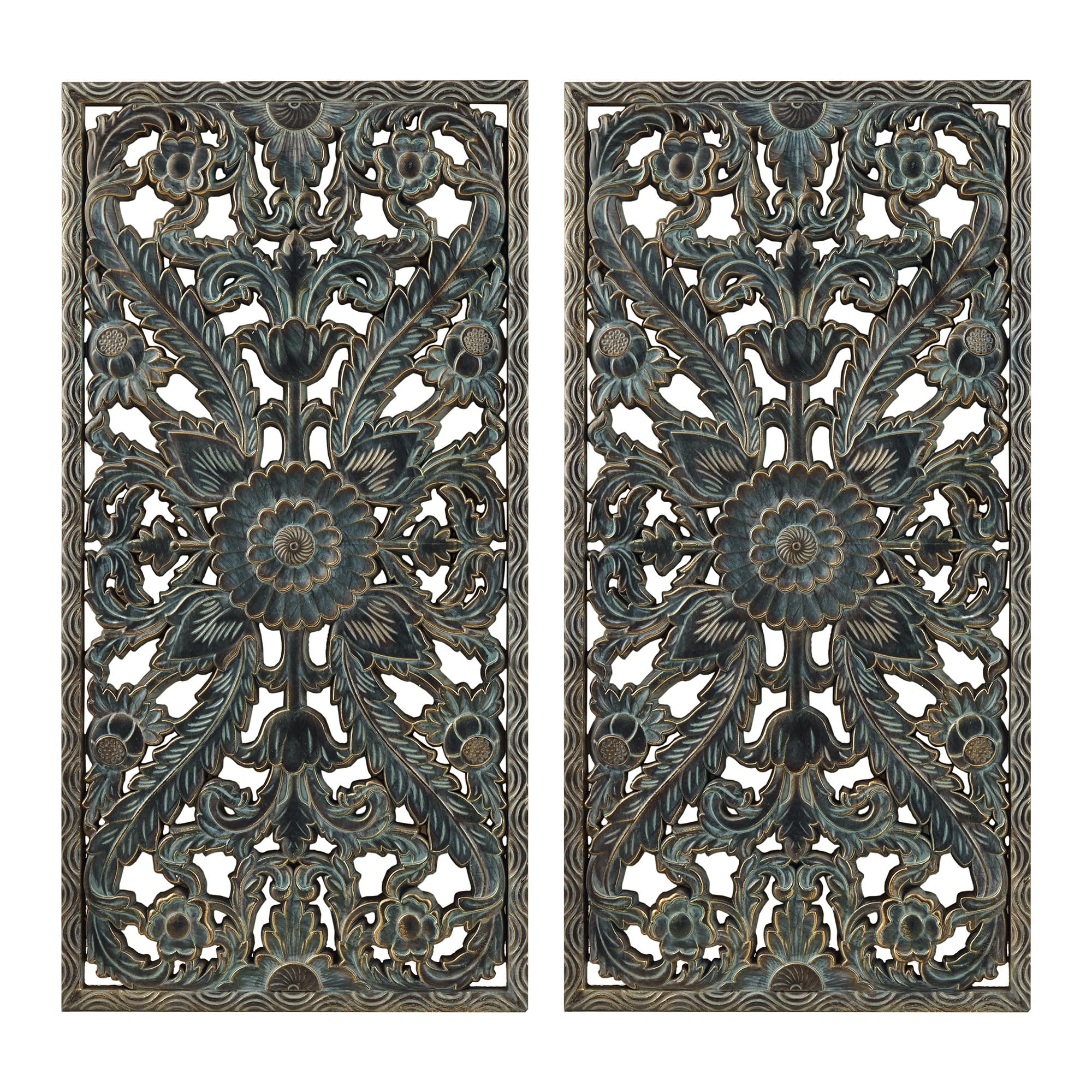 Madison Park Carved Wood Wall Art 2 Piece, Floral Wooden Carving Wall Decor, Blue Wall Art Living Room Bedroom, Copper Embellished Boho, Ready to Hang, 15.75"W x 31.5"L, Patina Blue