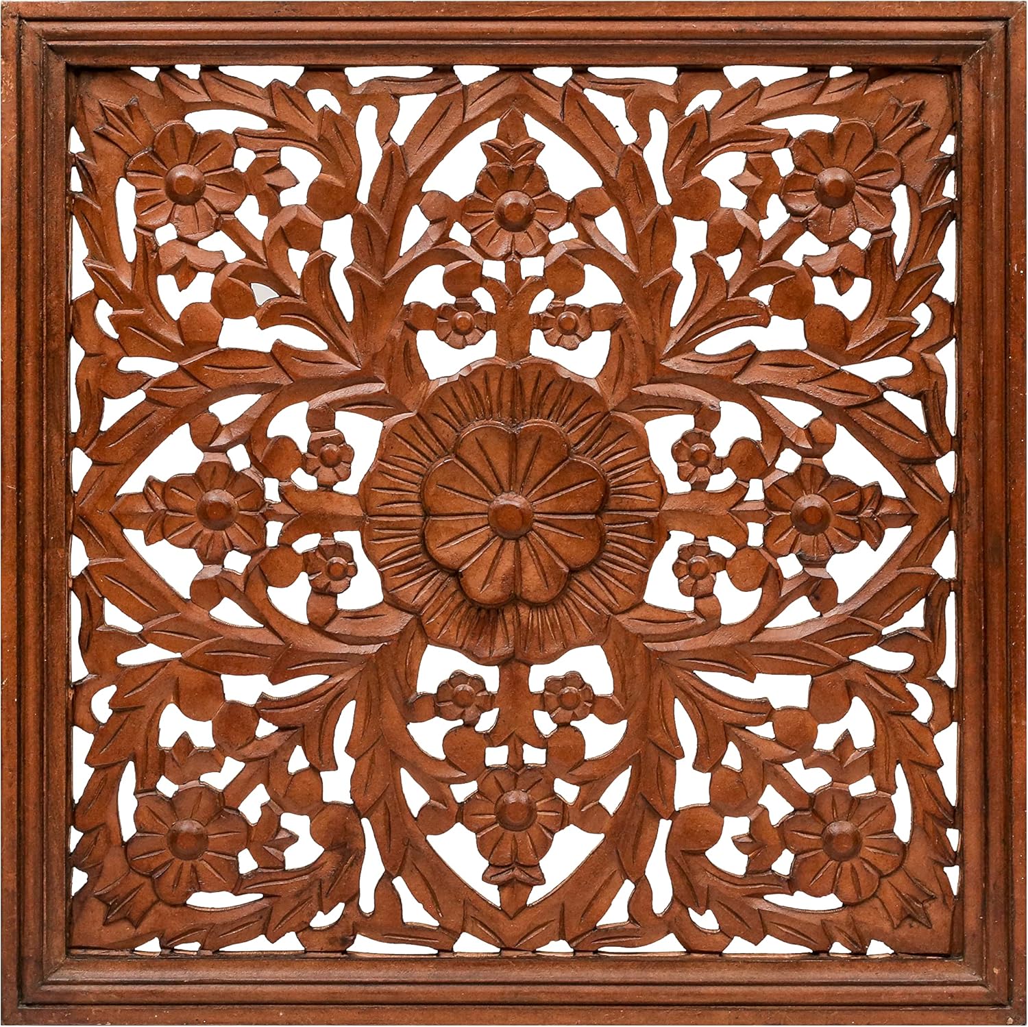 Homebia Designs Handmade Carved Wooden Wall Hanging Plaque 24x24 Inch Elegant Beautiful Floral Design Decorative Wall Art Panel for Farmhouse Living Room Bedroom Home Office - 1 Pack - Burnt