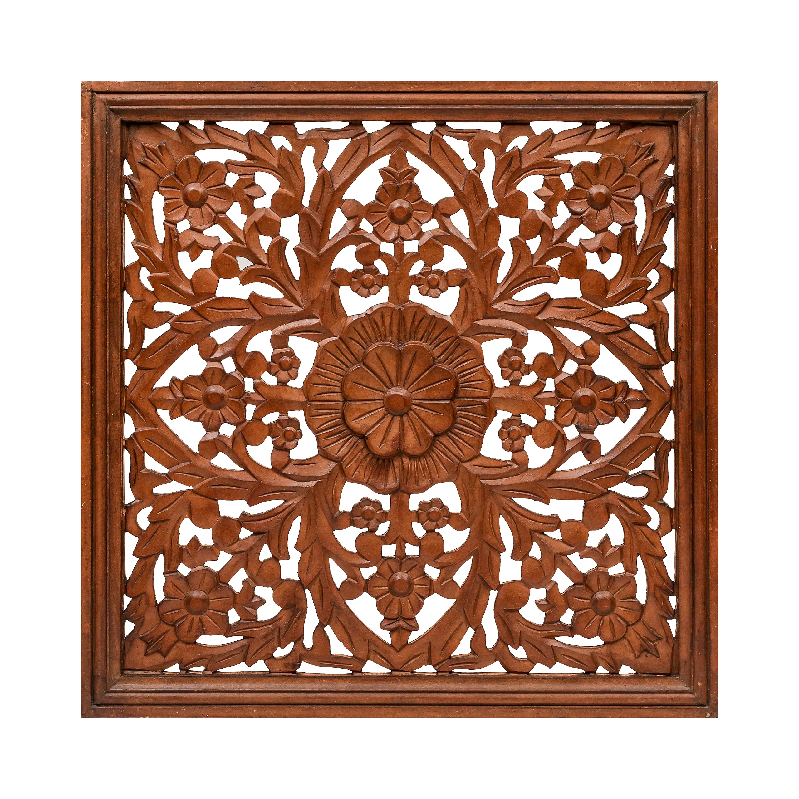 Homebia Designs Handmade Carved Wooden Wall Hanging Plaque 24x24 Inch Elegant Beautiful Floral Design Decorative Wall Art Panel for Farmhouse Living Room Bedroom Home Office - 1 Pack - Burnt