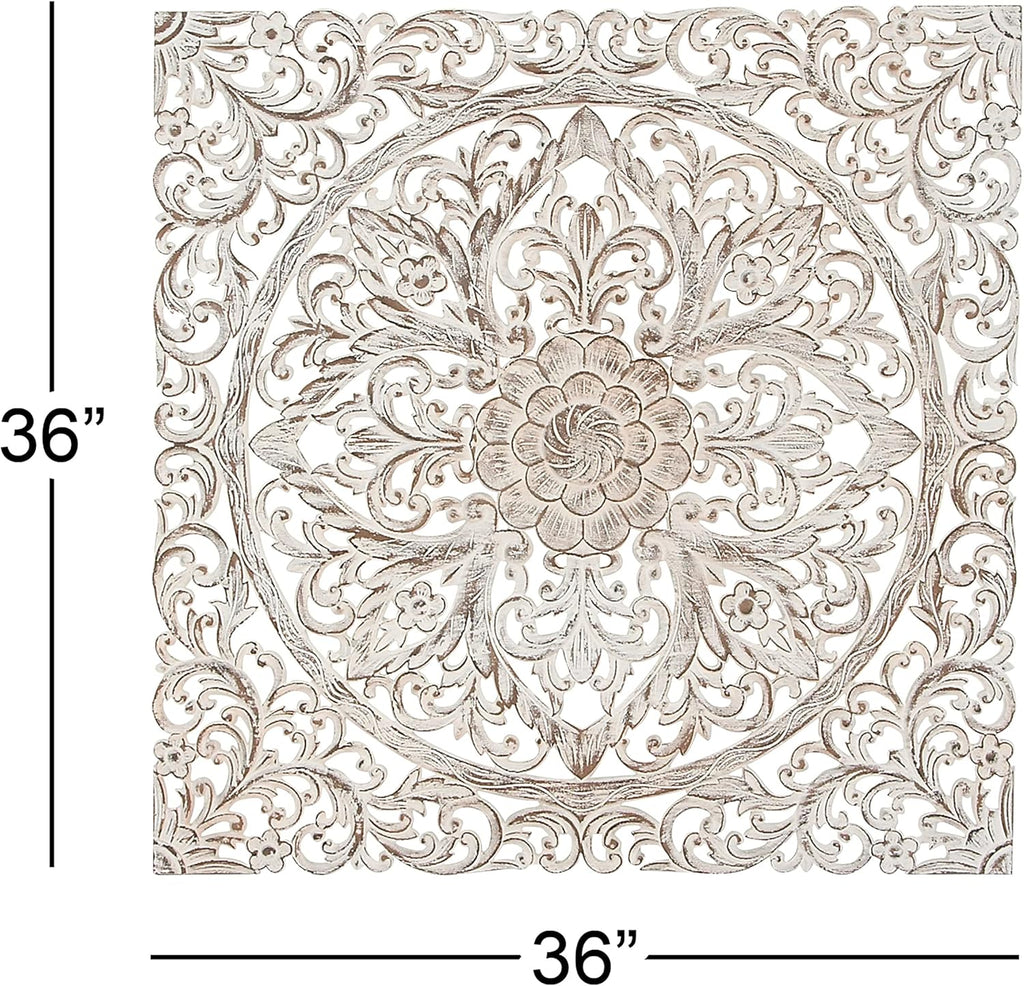 Deco 79 Wood Floral Handmade Home Wall Decor Intricately Carved Mandala Wall Sculpture with Brown Distressing, Wall Art 36" x 1" x 36", White