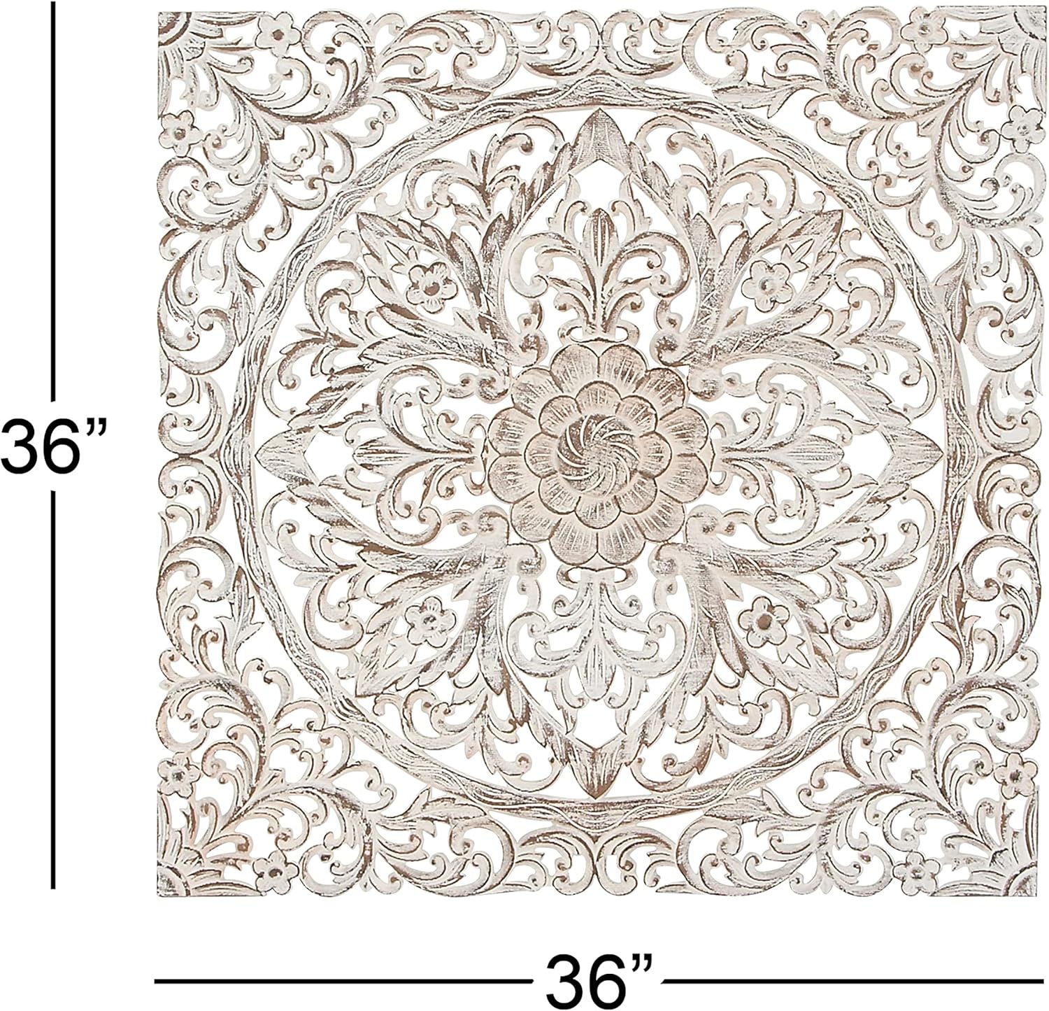 Deco 79 Wood Floral Handmade Home Wall Decor Intricately Carved Mandala Wall Sculpture with Brown Distressing, Wall Art 36" x 1" x 36", White