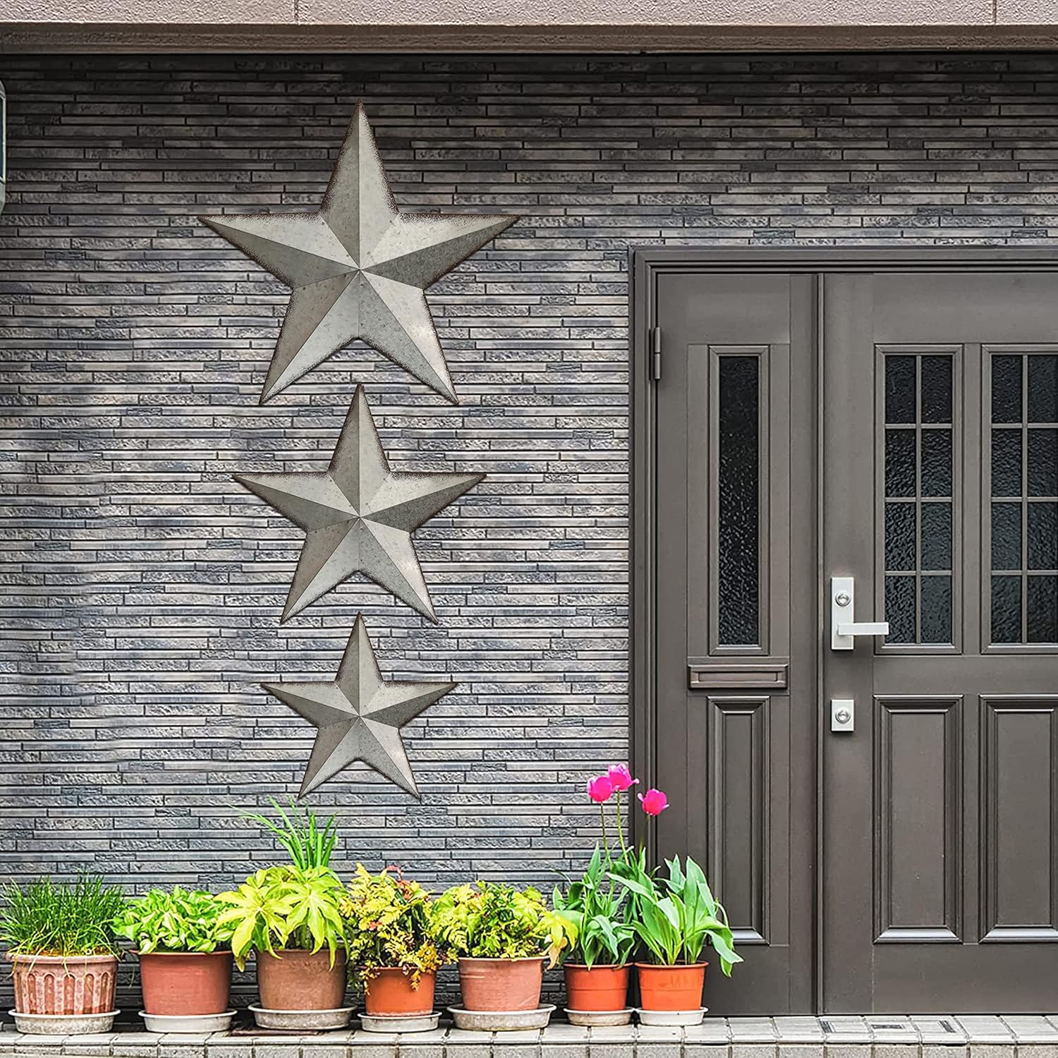 COLLECTIVE HOME - 3 Pcs Metal Barn Star, Galvanized Hanging Wall Decor, Farmhouse Wall Sculpture, 3D 13/11/9.5 Inch Wall Art for Office Living Room Bedroom (Galvanized Star)