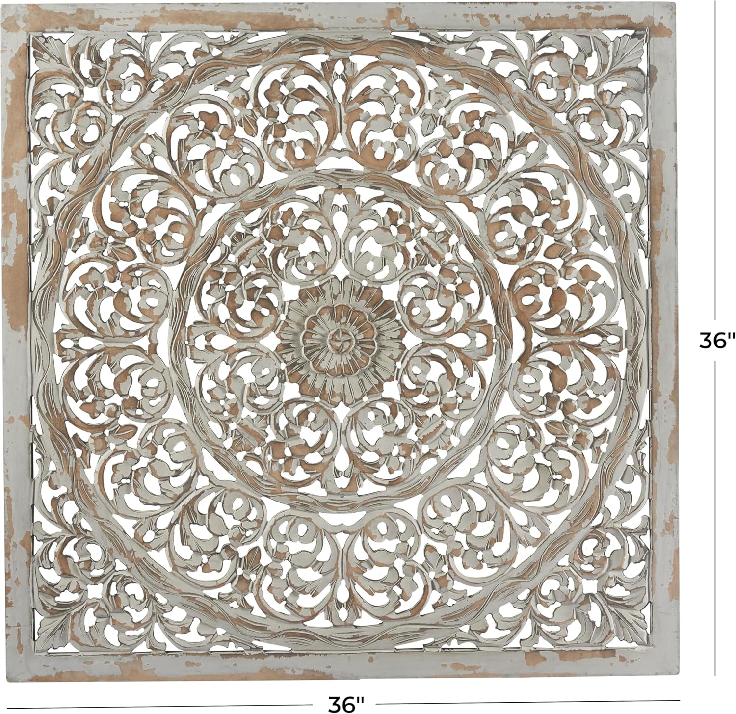 Deco 79 Wooden Floral Handmade Carved Scroll Mandala Wall Decor with Brown Distressing, 36" x 1" x 36", Gray