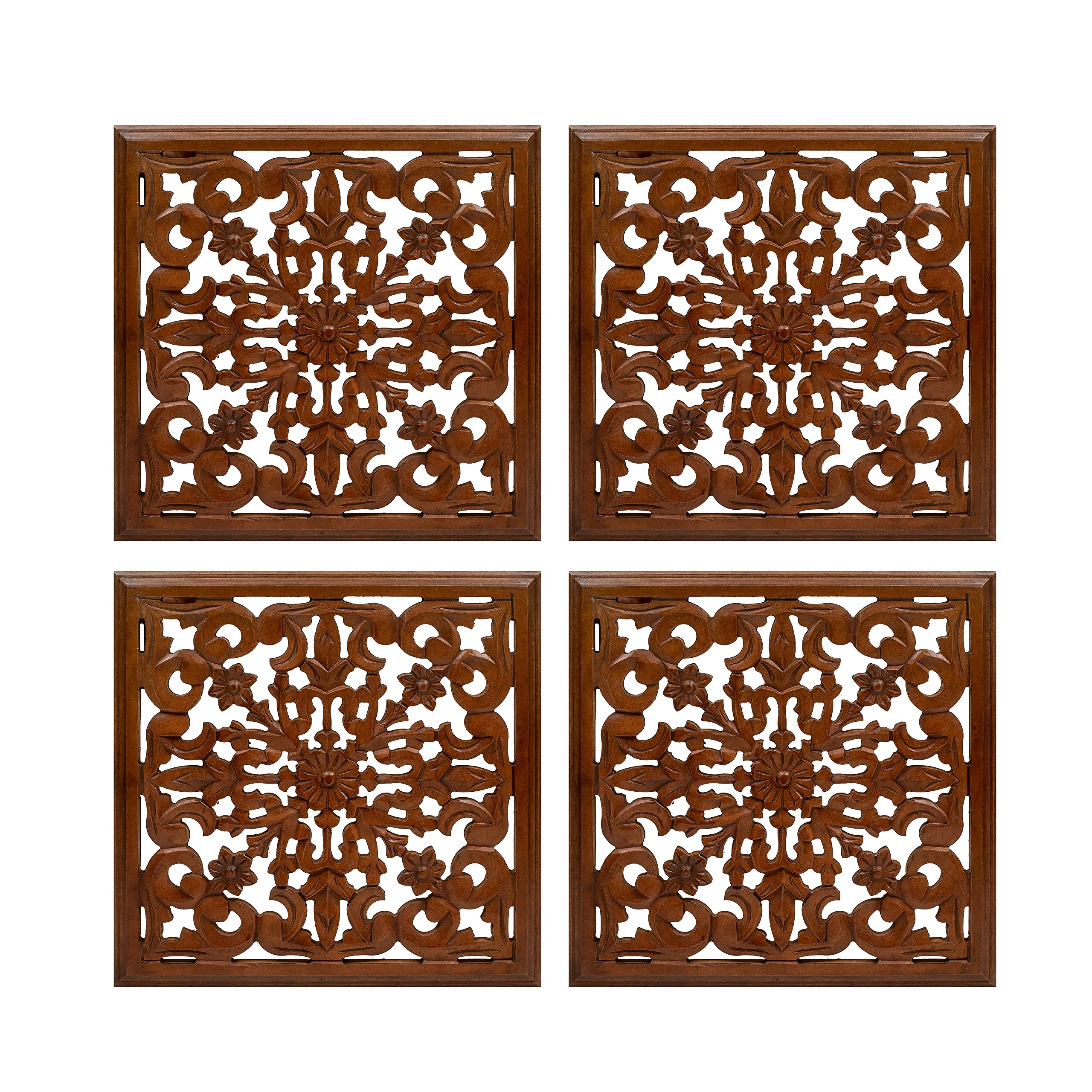Homebia Designs Handmade Carved Wooden Wall Hanging Plaque 24x24 Inch Elegant Beautiful Floral Design Decorative Wall Art Panel for Farmhouse Living Room Bedroom Home Office - 1 Pack - Burnt