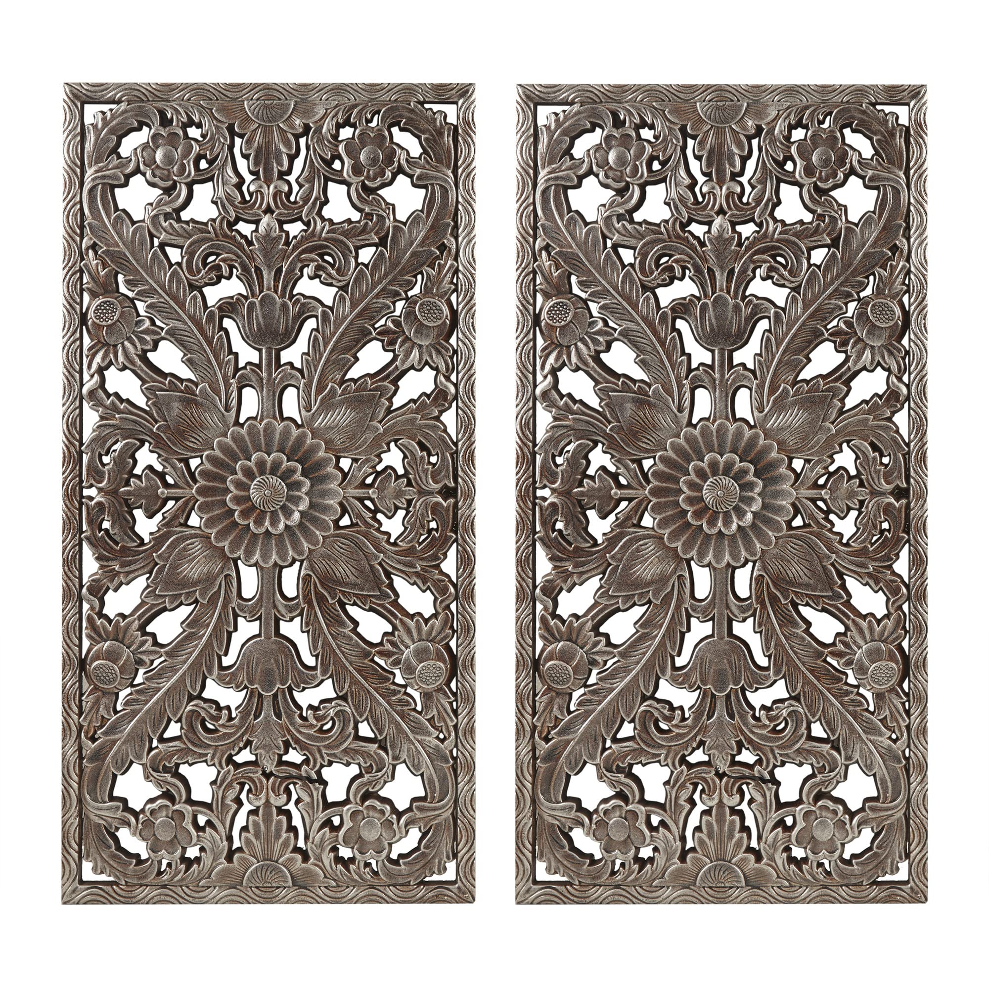 Madison Park Carved Wood Wall Art 2 Piece, Floral Wooden Carving Wall Decor, Blue Wall Art Living Room Bedroom, Copper Embellished Boho, Ready to Hang, 15.75"W x 31.5"L, Patina Blue