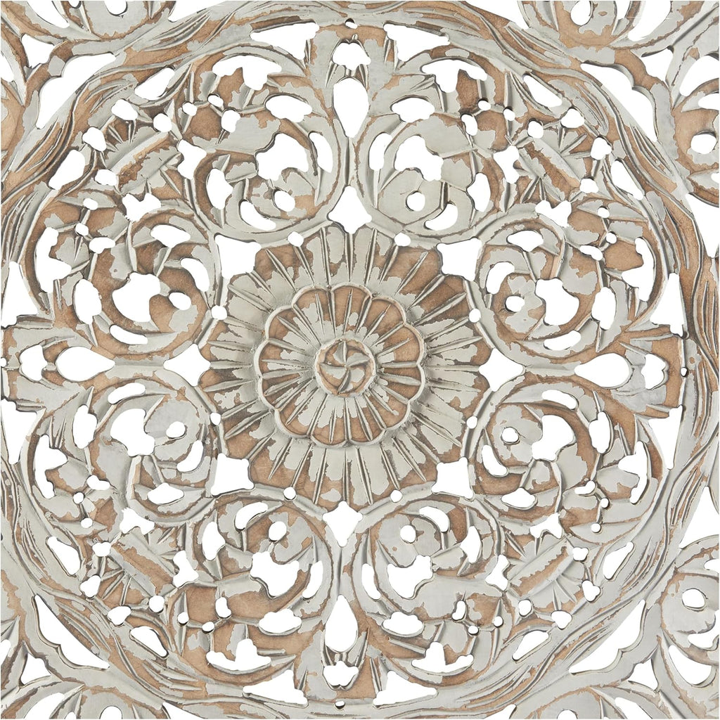 Deco 79 Wooden Floral Handmade Carved Scroll Mandala Wall Decor with Brown Distressing, 36" x 1" x 36", Gray