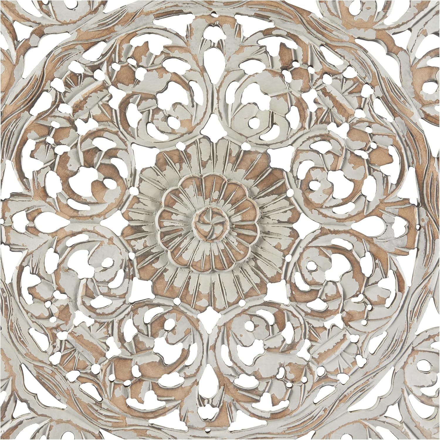 Deco 79 Wooden Floral Handmade Carved Scroll Mandala Wall Decor with Brown Distressing, 36" x 1" x 36", Gray