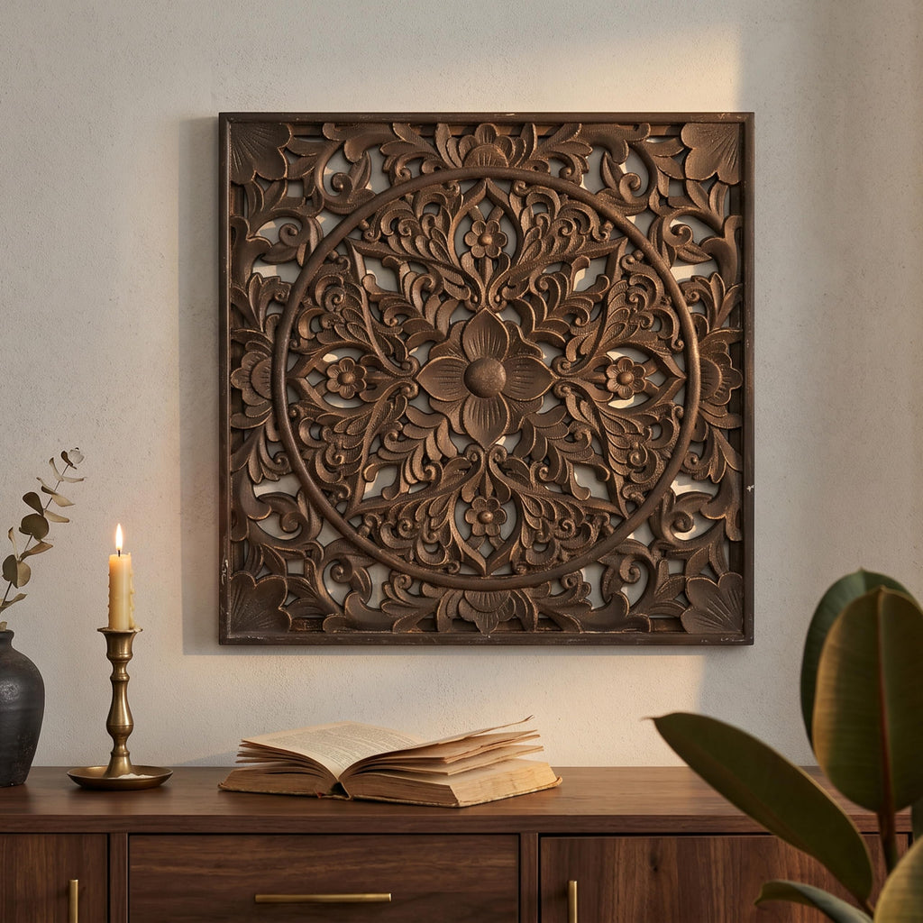 XIAOAIKA Boho Carved Wood Wall Sculpture, Intricate Floral Mandala Design with Distressed White Finish, Vintage Farmhouse Wall Art Panel with Solid Wood Frame for Bedroom Entryway (22.5" x 22.5")