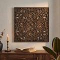 XIAOAIKA Boho Carved Wood Wall Sculpture, Intricate Floral Mandala Design with Distressed White Finish, Vintage Farmhouse Wall Art Panel with Solid Wood Frame for Bedroom Entryway (22.5" x 22.5")