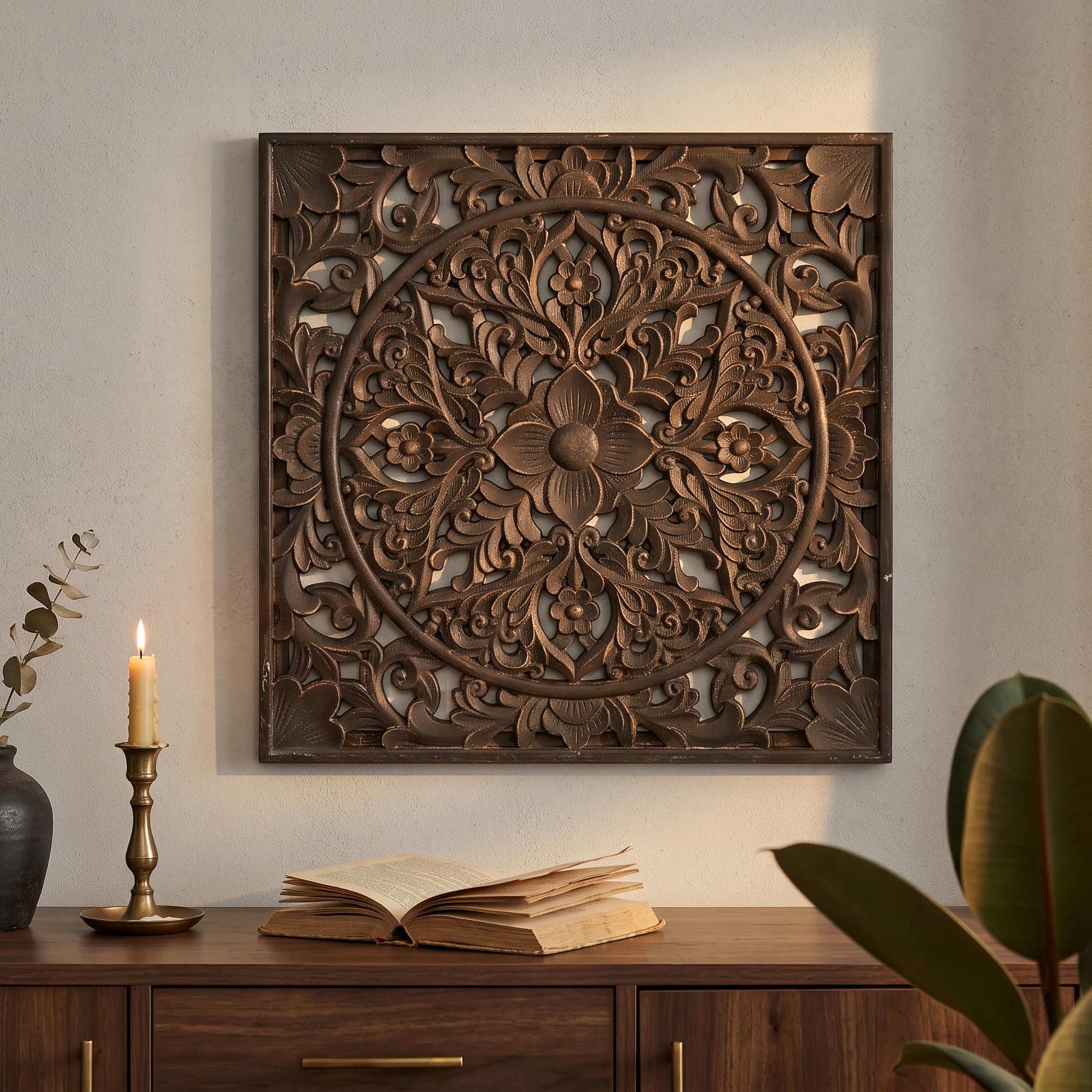 XIAOAIKA Boho Carved Wood Wall Sculpture, Intricate Floral Mandala Design with Distressed White Finish, Vintage Farmhouse Wall Art Panel with Solid Wood Frame for Bedroom Entryway (22.5" x 22.5")