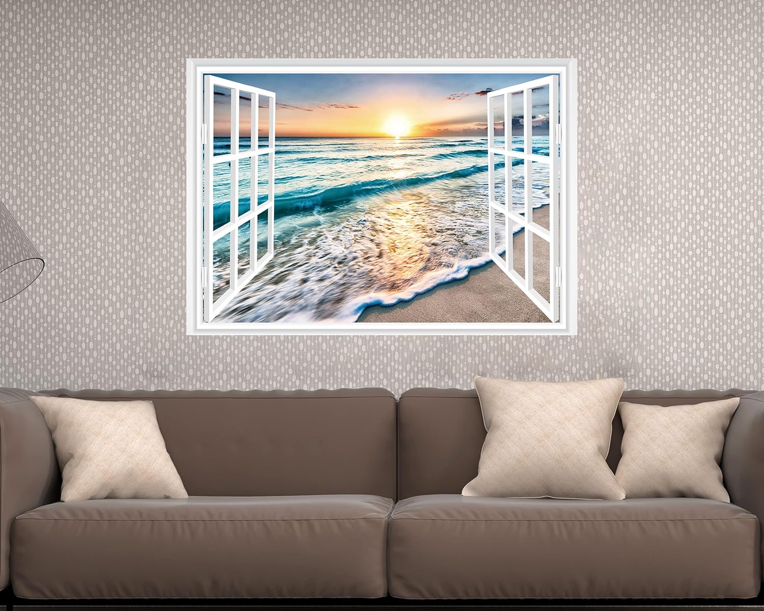 FLFK Fake Window Wall Sticker - Sunset Beach Faux Window Wall Mural for Wall Decor, Stick and Peel Wall Decals,48"x32",Set of 2 Sheets