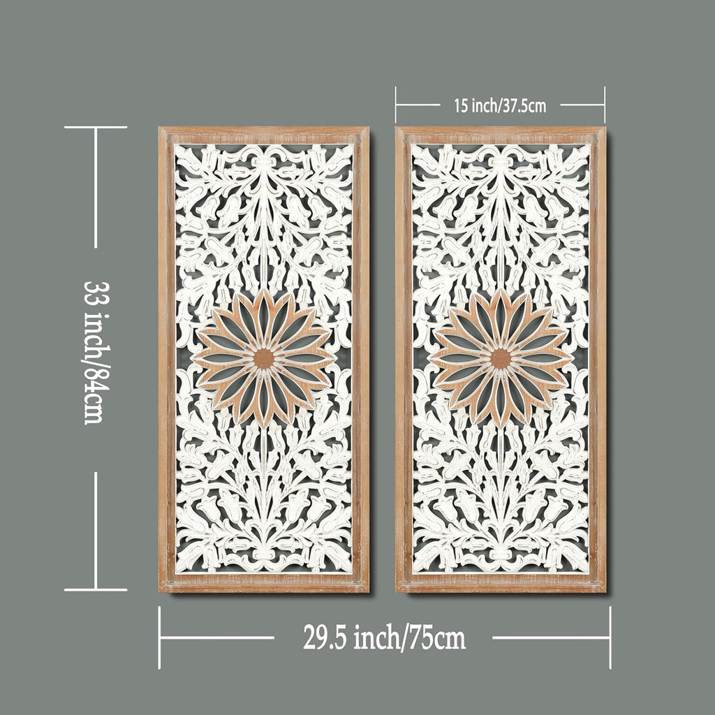 XIAOAIKA Boho Carved Wood Wall Art - Distressed Antique Floral Design Decorative Wall Panels, Large Wood Sculpture for Living Room, Bedroom, Entrance Hall (33 Inches, 2 Panels)
