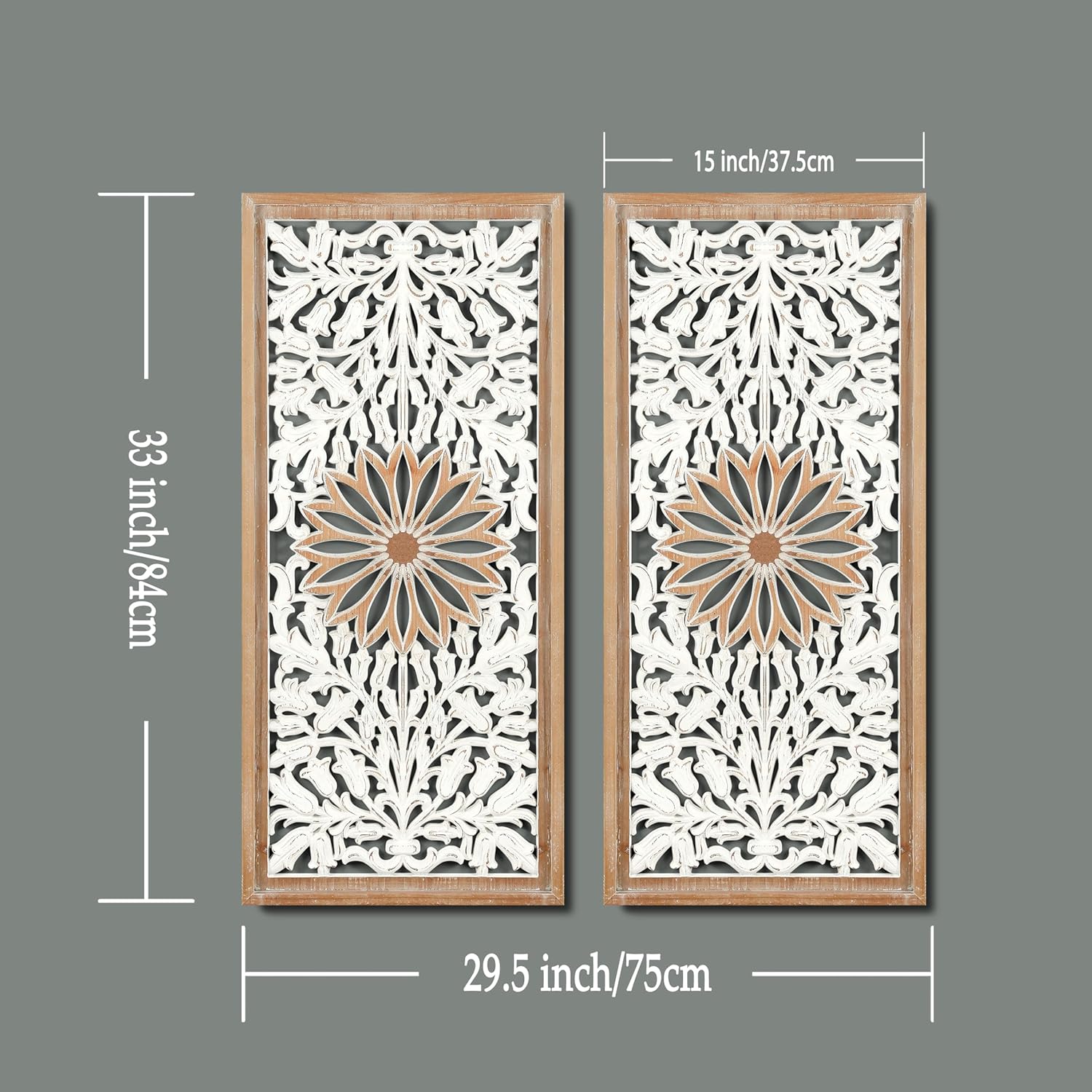 XIAOAIKA Boho Carved Wood Wall Art - Distressed Antique Floral Design Decorative Wall Panels, Large Wood Sculpture for Living Room, Bedroom, Entrance Hall (33 Inches, 2 Panels)
