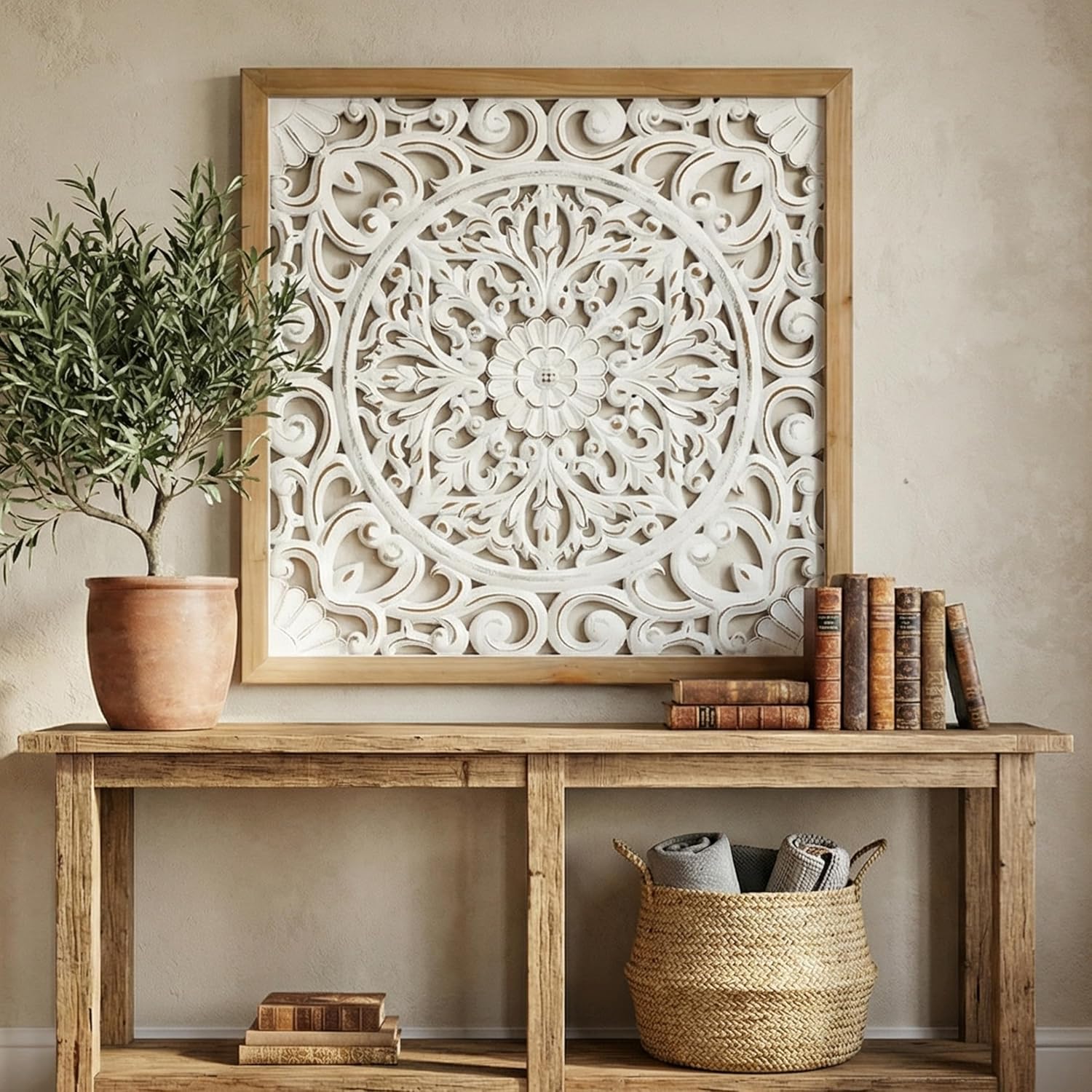 XIAOAIKA Boho Carved Wood Wall Sculpture, Intricate Floral Mandala Design with Distressed White Finish, Vintage Farmhouse Wall Art Panel with Solid Wood Frame for Bedroom Entryway (22.5" x 22.5")