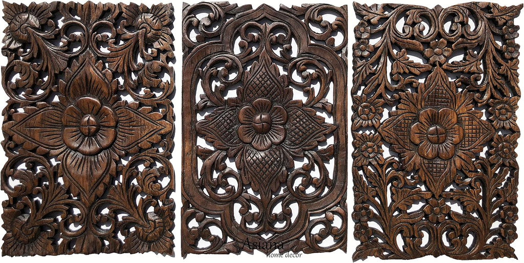 Set of 3. Wall Art Wood Carved Panel Floral Design. Tropical Wall Decor in Size 12"x17.5"x0.5" (Dark Brown)