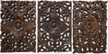 Set of 3. Wall Art Wood Carved Panel Floral Design. Tropical Wall Decor in Size 12"x17.5"x0.5" (Dark Brown)