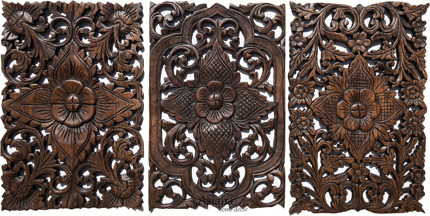 Set of 3. Wall Art Wood Carved Panel Floral Design. Tropical Wall Decor in Size 12"x17.5"x0.5" (Dark Brown)